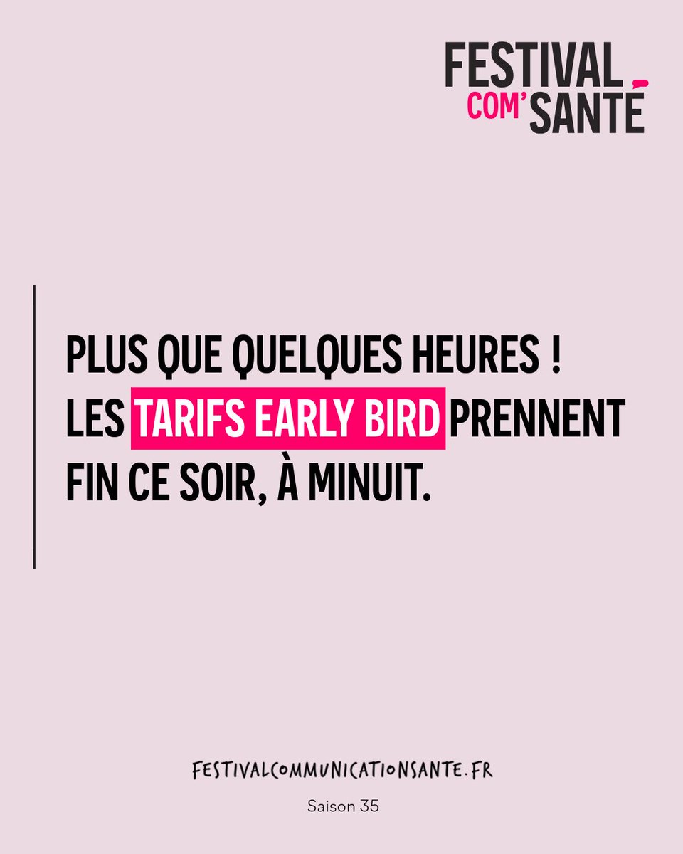 FestiComSante's tweet photo. ⏰ Les tarifs Early Bird prennent fin ce soir à minuit.

Le Festival de la Communication Santé est le rendez-vous incontournable de la communication santé.
En 2025, vous étiez plus de 450 participants, avec 95 campagnes en compétition et plus de 80 partenaires, sponsors et médias réunis.

Un festival unique pour célébrer la communication et l'innovation en santé, échanger avec les experts et inspirer les pratiques de demain.

Rejoignez-nous pour la Saison 35, autour du thème :
« Communication santé et qualité de vie : informer aujourd'hui, mieux vivre demain. »

📍 Rendez-vous à Deauville, les 26 et 27 novembre 2026.
👉 https://t.co/NzZNanwE1H
