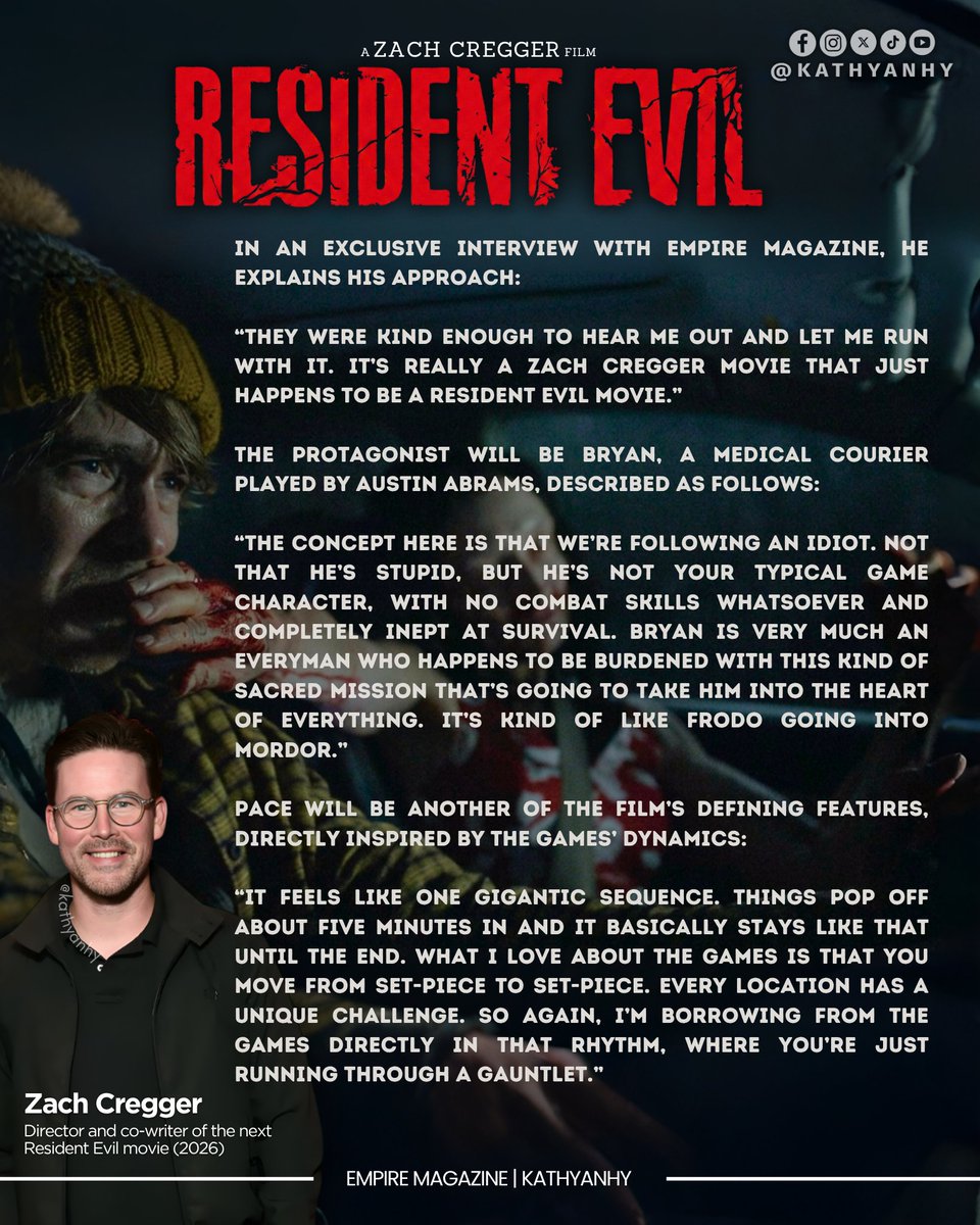 kathyanhy's tweet photo. Zach Cregger outlines and reveals what his version of Resident Evil will be like 🎥

Following the success of Barbarian and Weapons, filmmaker Zach Cregger had several franchises interested in working with him. However, he chose Resident Evil for his third feature film: he approached the rights holders himself, driven by his deep passion for video games. His proposal features an original story, set in the franchise’s universe, with new characters and tension-filled scenes.

“They were kind enough to hear me out and let me run with it. It’s really a Zach Cregger movie that just happens to be a Resident Evil movie,” the director explained in an interview with Empire magazine.

The story centers on Bryan, a medical courier played by Austin Abrams, designed to represent the viewer:

“The concept here is that we’re following an idiot. Not that he’s stupid, but he’s not your typical game character, with no combat skills whatsoever and completely inept at survival. Bryan is very much an everyman who happens to be burdened with this kind of sacred mission that’s going to take him into the heart of everything. It’s kind of like Frodo going into Mordor.”

As for the pacing, Cregger promises a continuous, non-stop experience, a departure from the shifts in perspective and complex twists of his previous works:

“It feels like one gigantic sequence. Things pop off about five minutes in and it basically stays like that until the end. What I love about the games is that you move from set-piece to set-piece. Every location has a unique challenge. So again, I’m borrowing from the games directly in that rhythm, where you’re just running through a gauntlet.”

The film will hit theaters on September 18.

#ResidentEvil #ResidentEvilMovie #REBHFun #ZachCregger