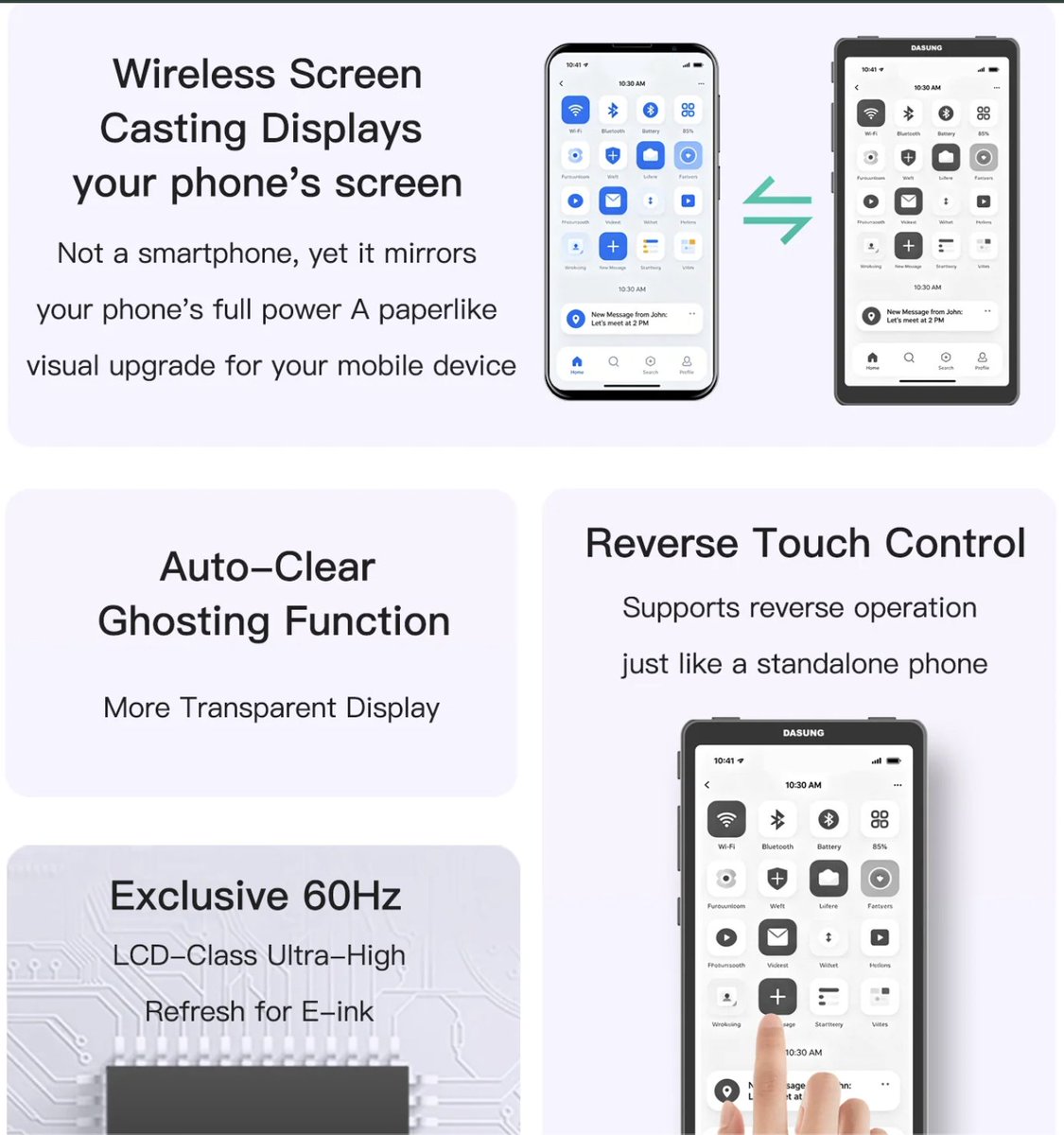 stufflistings's tweet photo. There's now a monitor for your phone, with an e-ink display.

Mirrors your phone, has reverse touch control, and is aimed to minimize eye fatigue, but at $349, is almost priced the same as a regular smartphone 🥹

The DASUNG phone monitor... https://t.co/oN5hERyghe