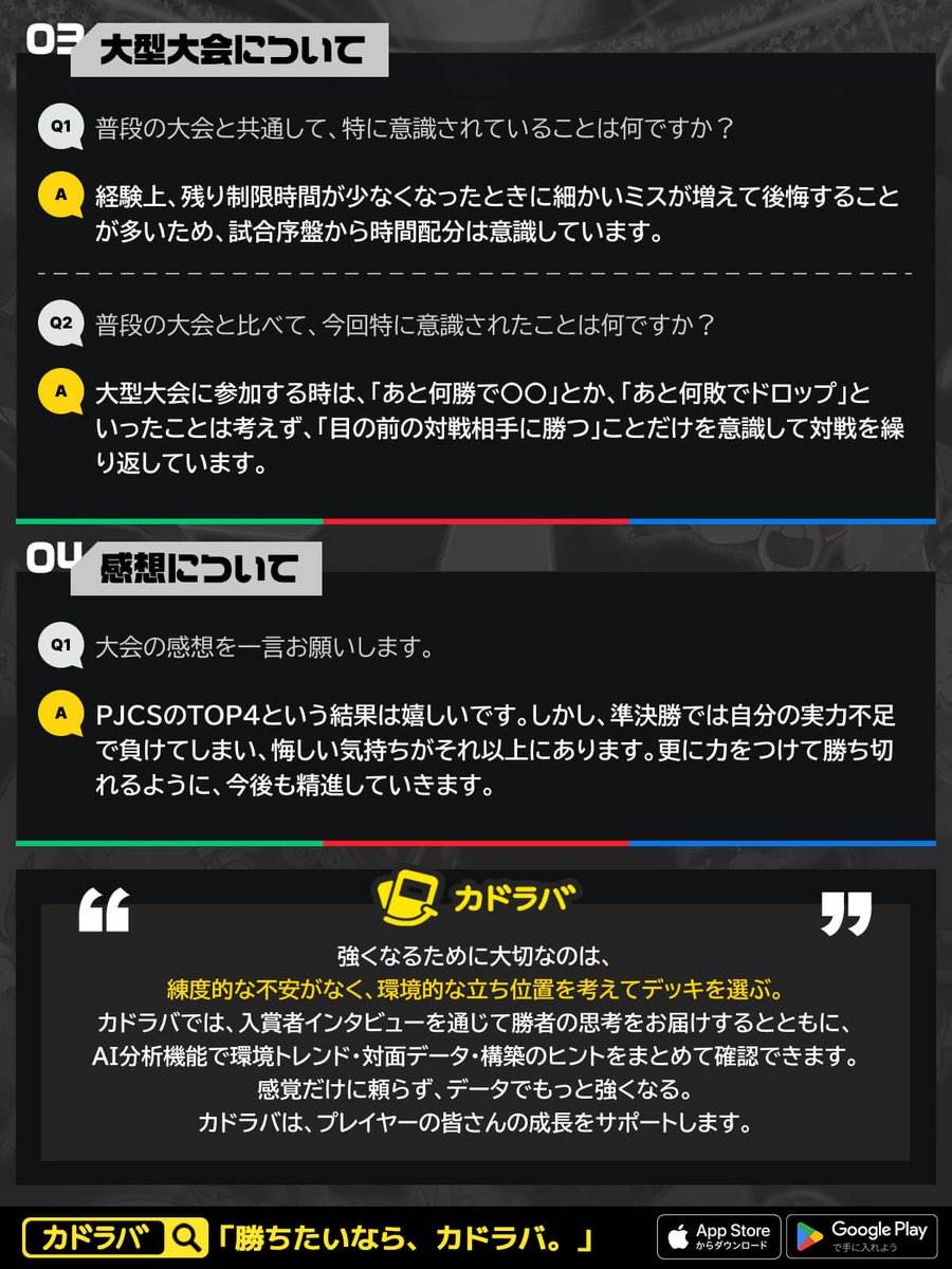 kadoraba's tweet photo. 🏆JCS入賞者インタビュー🏆

🎖️PJCS2026 TOP4
シバセキ ユウキ選手（@basekipcg ）

勝利へのプロセス

💬デッキ選択
💬構築のこだわり
💬大型大会での心掛け

答えていただきました😊

勝者の思考を知って
強くなろう🔥

▼インタビュー全文は #カドラバ で👍
https://t.co/HrrP4hWmBc

#ポケカ https://t.co/JizF5cvWQp