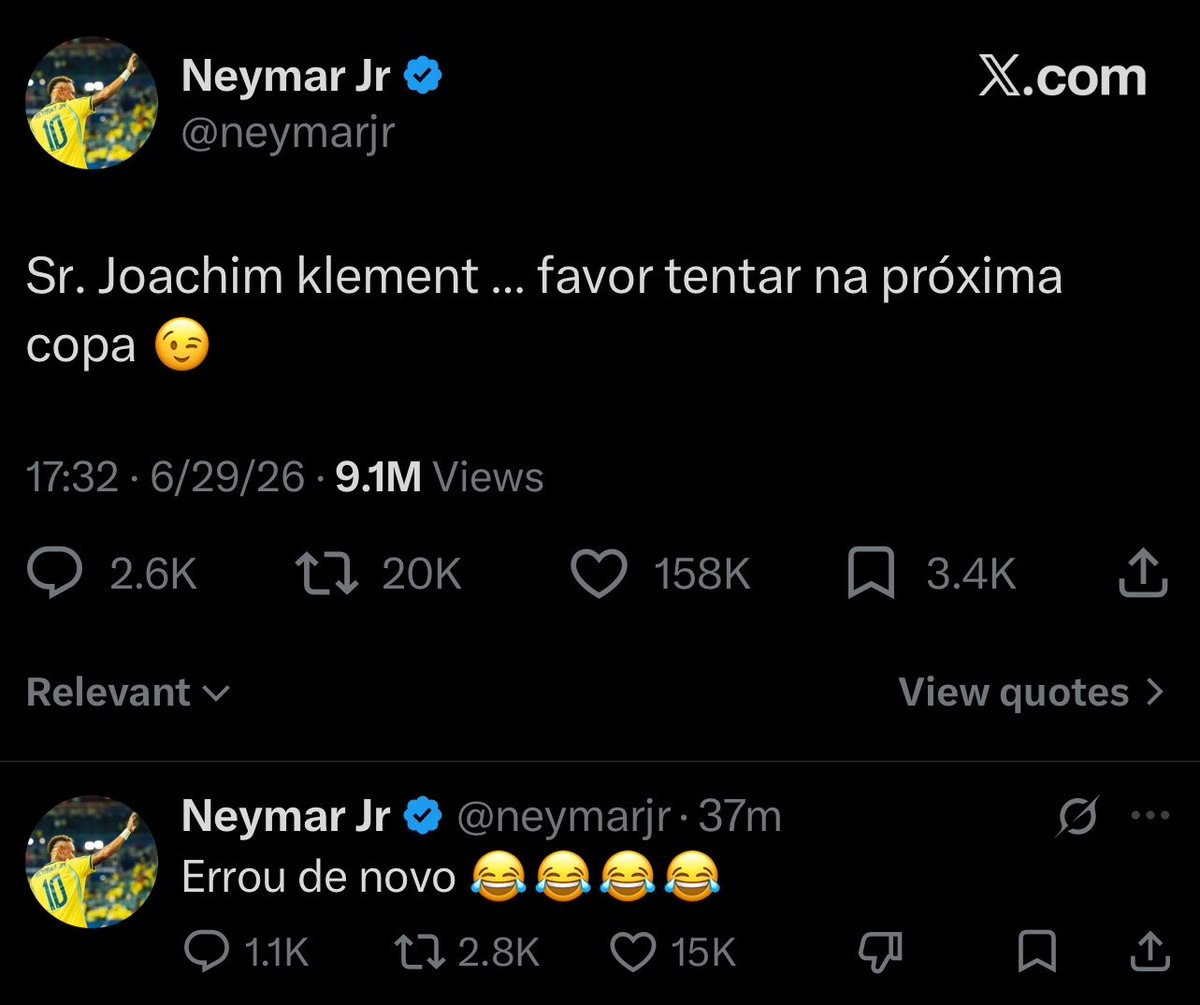 NewsLiberdade's tweet photo. - Neymar zoa o guru alemão por errar o resultado de Brasil vs Japão

- Guru responde dizendo que o Brasil ainda vai ter que enfrentar a Holanda

- Holanda é eliminada pelo Marrocos

- Neymar responde dizendo que ele errou de novo 

CINEMA https://t.co/NqptgeUEb6