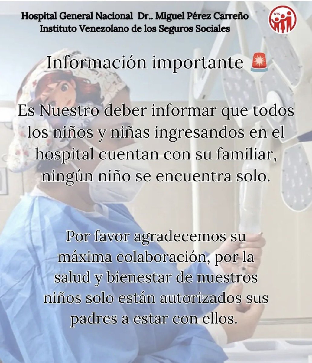 berikmar1's tweet photo. Hospital General “Pérez Carreño” informó que todos los niños y niñas ingresados en el hospital cuentan con su familiar, aclaran que ningún niño se encuentra solo. https://t.co/KnggmJtkIO