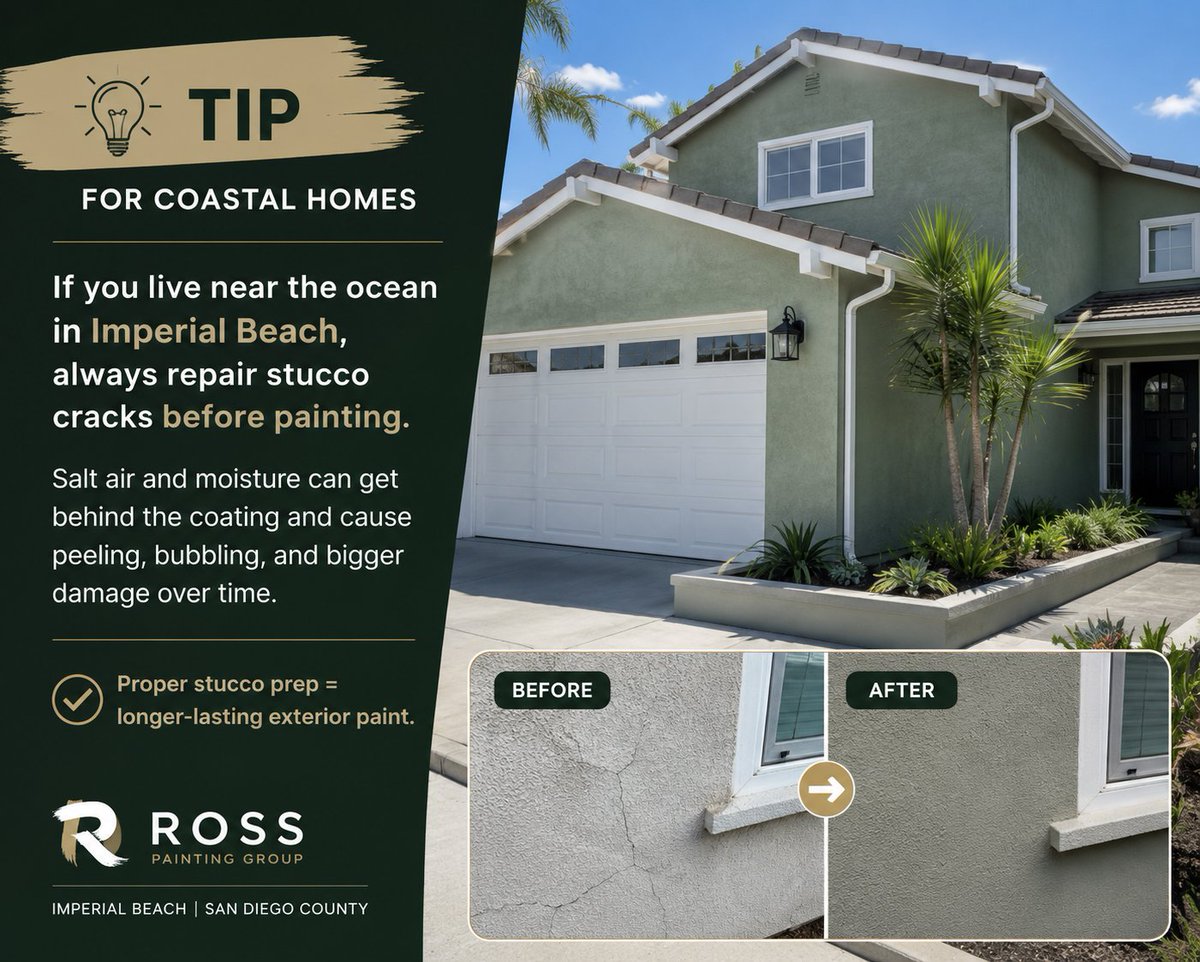 RossPaintingG's tweet photo. Exterior painting tip for coastal homes:

If you live near the ocean in Imperial Beach, always repair stucco cracks before painting. Salt  and moisture can get behind the coating and cause peeling and bigger damage over time.

Proper stucco prep = longer-lasting exterior paint. https://t.co/DptQJCpwep