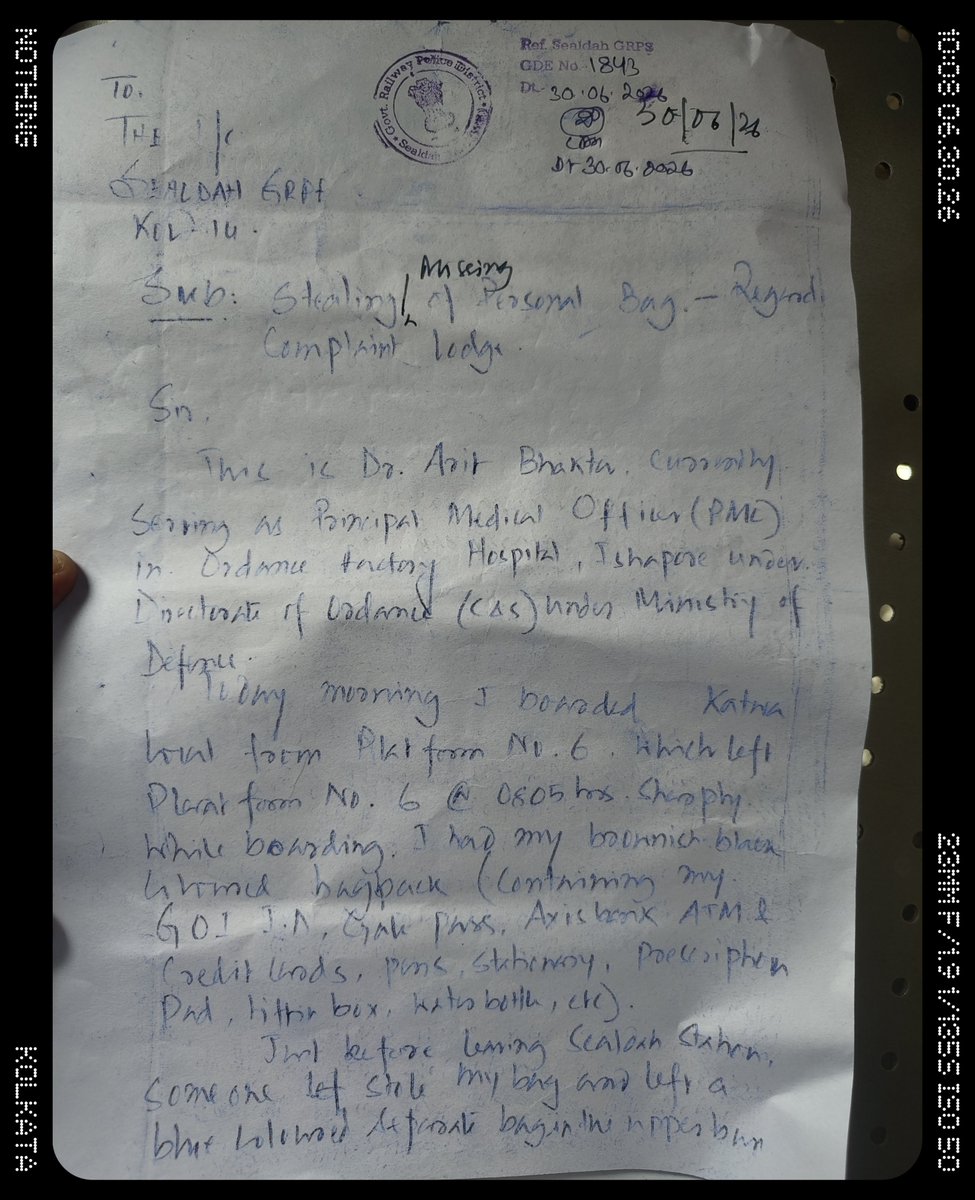 Arbhdoc's tweet photo. This is Dr Arit Bhakta. Today morning bagpack is stolen in sealdah while boarding Katwa Gallop local between 0755 and 0805 hours while boarding from platform no.6, 4th coach from the front. Please help me getting this. I lodged a GD already in GRPF ,Sealdah.
@EasternRailway https://t.co/tXWpBzGOKN