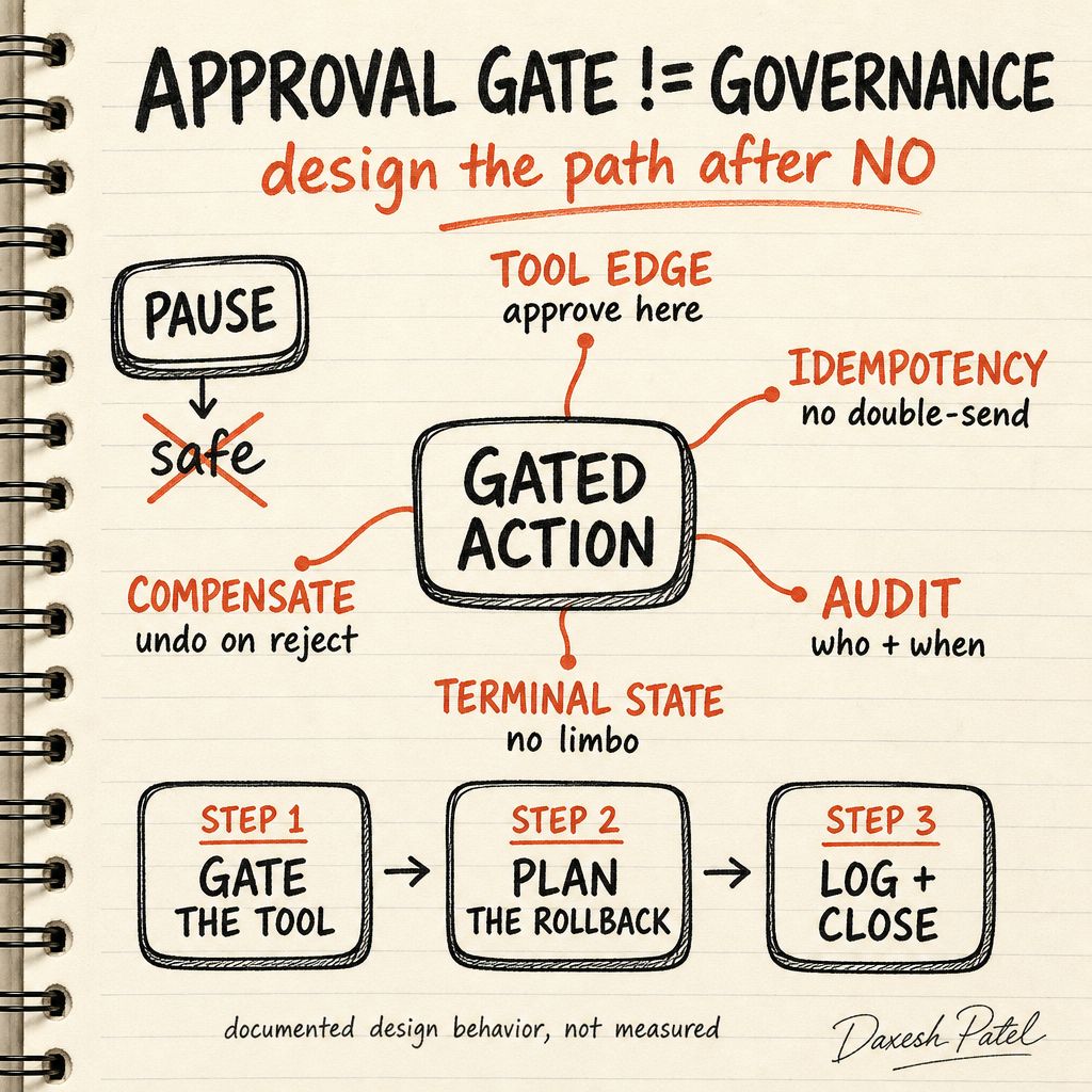 daxeshpatel's tweet photo. An approval gate on an AI agent isn't governance. If a rejected or failed action can't cleanly roll back and leave an audit trail, you built a pause button, not a control. https://t.co/9HNPyk1KXR