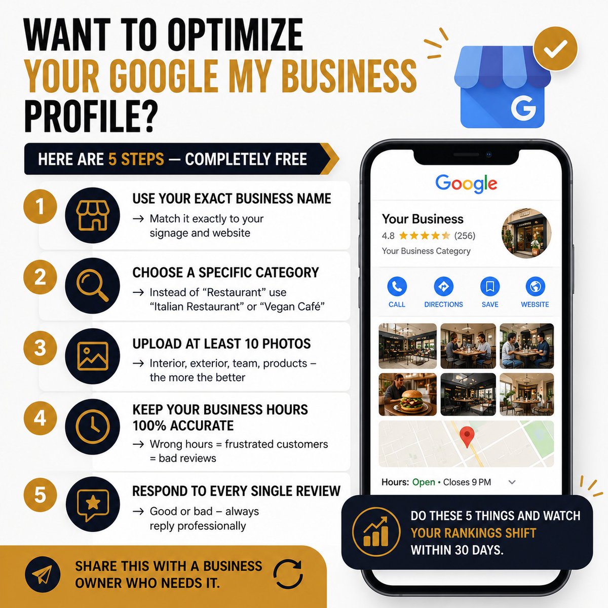 Nida1122334455's tweet photo. Want to improve your Google Business Profile for FREE?

✅ Use your exact business name
✅ Choose the right category
✅ Upload 10+ photos
✅ Keep business hours updated
✅ Reply to every review

Small changes. Big results.

#LocalSEO #GoogleBusinessProfile #GMB #SmallBusiness https://t.co/h1OGRdA0As