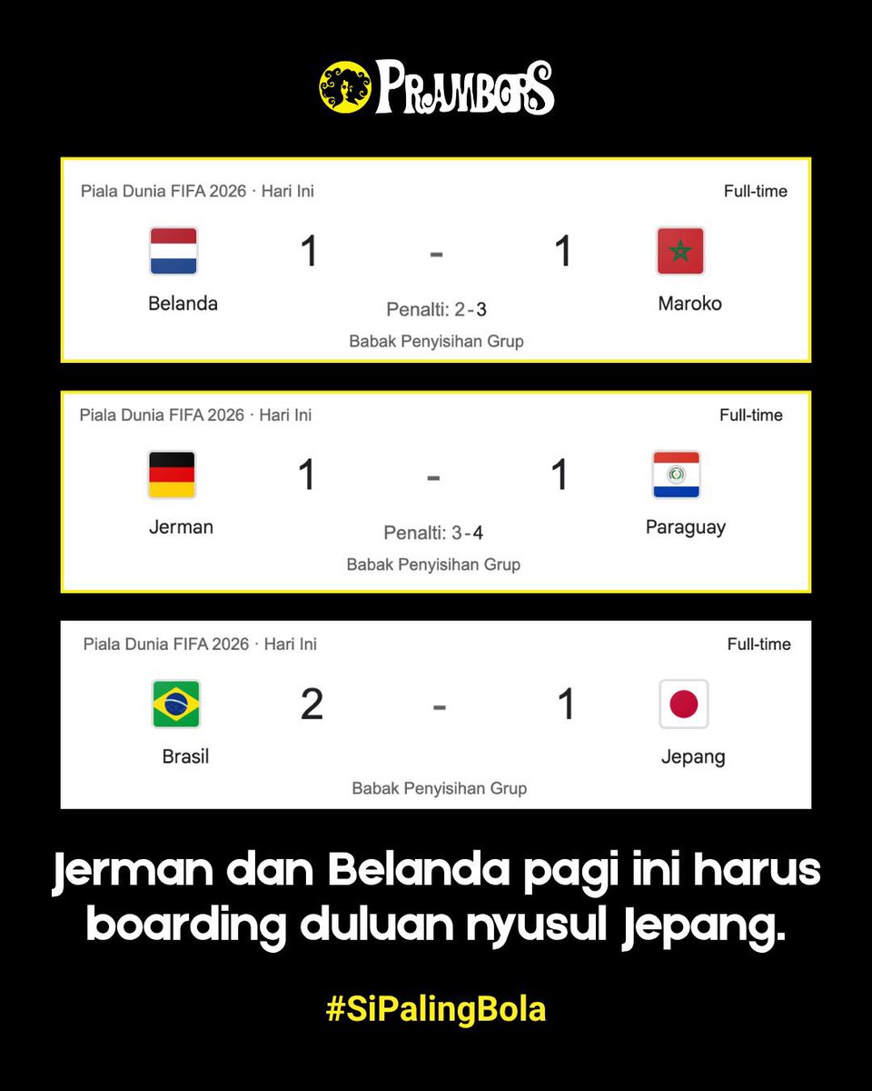 Prambors's tweet photo. Ya namanya juga prediksi ya Kawula Muda, balik lagi bola itu bundar! ๐โฝ๏ธ
Jerman sama Belanda kompak angkat koper di fase grup Piala Dunia 2026 menyusul Jepang yang kalah dari Brazil. Menurut Kawula Muda siapa yang bakal tembus final?๐
#SiPalingBola #Prambors #FifaWorldCup https://t.co/6f3wD0bb1L