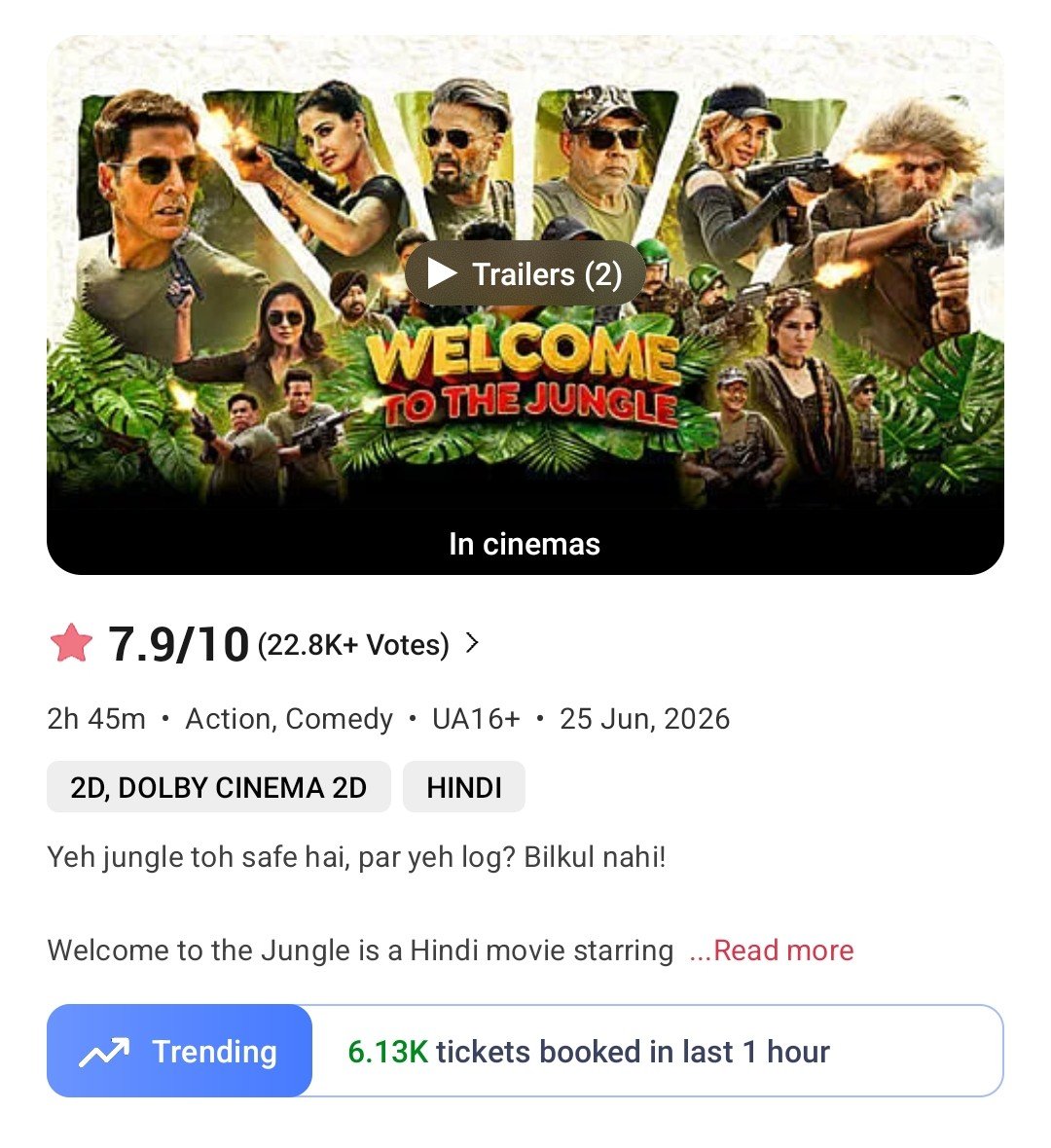 filmy_view's tweet photo. #WelcomeToTheJungle   
9-10am 
Tickets sold on BMS- 6130
Yesterday- 4340

Total from 7am- 11030
Yest- 7720 https://t.co/EjAtQc6Kig