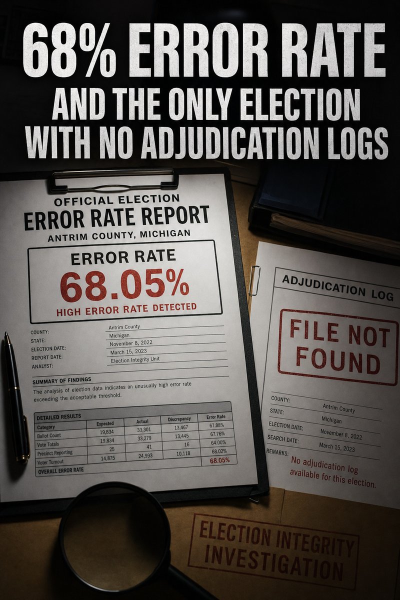 pjcolbeck's tweet photo. EVIDENCE: Erasure of Adjudication Logs to Prevent Meaningful Audit (MI). A court-ordered forensic examination in Antrim County documented a 68.05% tabulation error rate that routed large numbers of ballots to electronic adjudication. https://t.co/8xPiVPt4Y6 https://t.co/9dh1AlW853