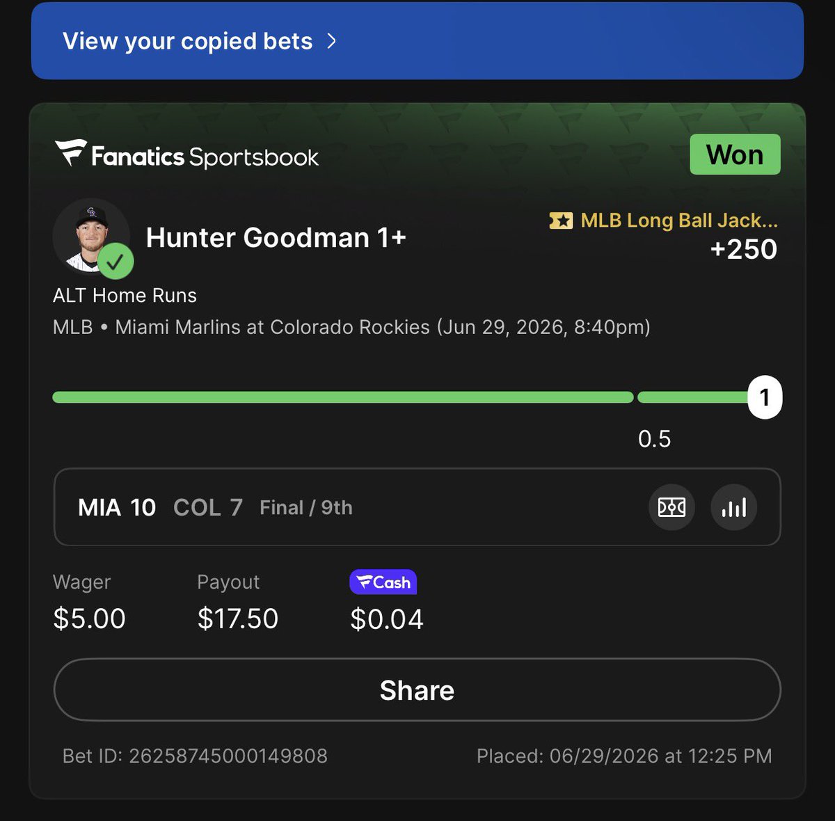SixersFan34's tweet photo. Why isn’t Hunter Goodman showing up on the jackpot list. He hit the farthest homer tonight at 442’ @Fanatics @FanaticsBook https://t.co/SJOEXfD40o