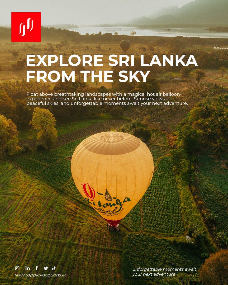 AppleVacationss's tweet photo. Explore Sri Lanka from the Sky

Float above breathtaking landscapes with a magical hot air balloon experience and see Sri Lanka like never before. Sunrise views, peaceful skies, and unforgettable moments await your next adventure.

📩 info@applevacations.com.co
📲 WhatsApp: +94 76 2816641
🌐 https://t.co/qNZboaXA2S

#travelwithapplevacations #applevacationssrilanka #travelsrilanka #hotairballoon #exploresrilanka #discoversrilanka #visitsrilanka #srilankatravel #bucketlist #adventuretravel
