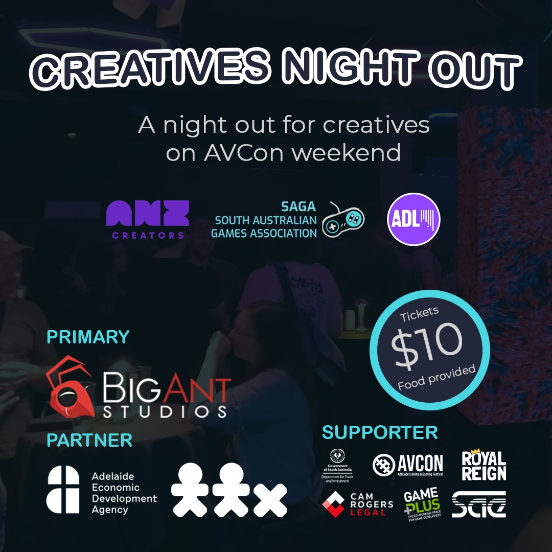 ANZCreators's tweet photo. Are you a Creator attending @TeamAVCon_ in Adelaide this weekend? @SouthAusGames, @ANZCreators &amp; @TwitchAdelaide are hosting a mixer event! 
🗓️ Friday July 3rd, 6pm
🗺️ The Goody

Get tickets in replies 👇 https://t.co/YhOqFafLoo
