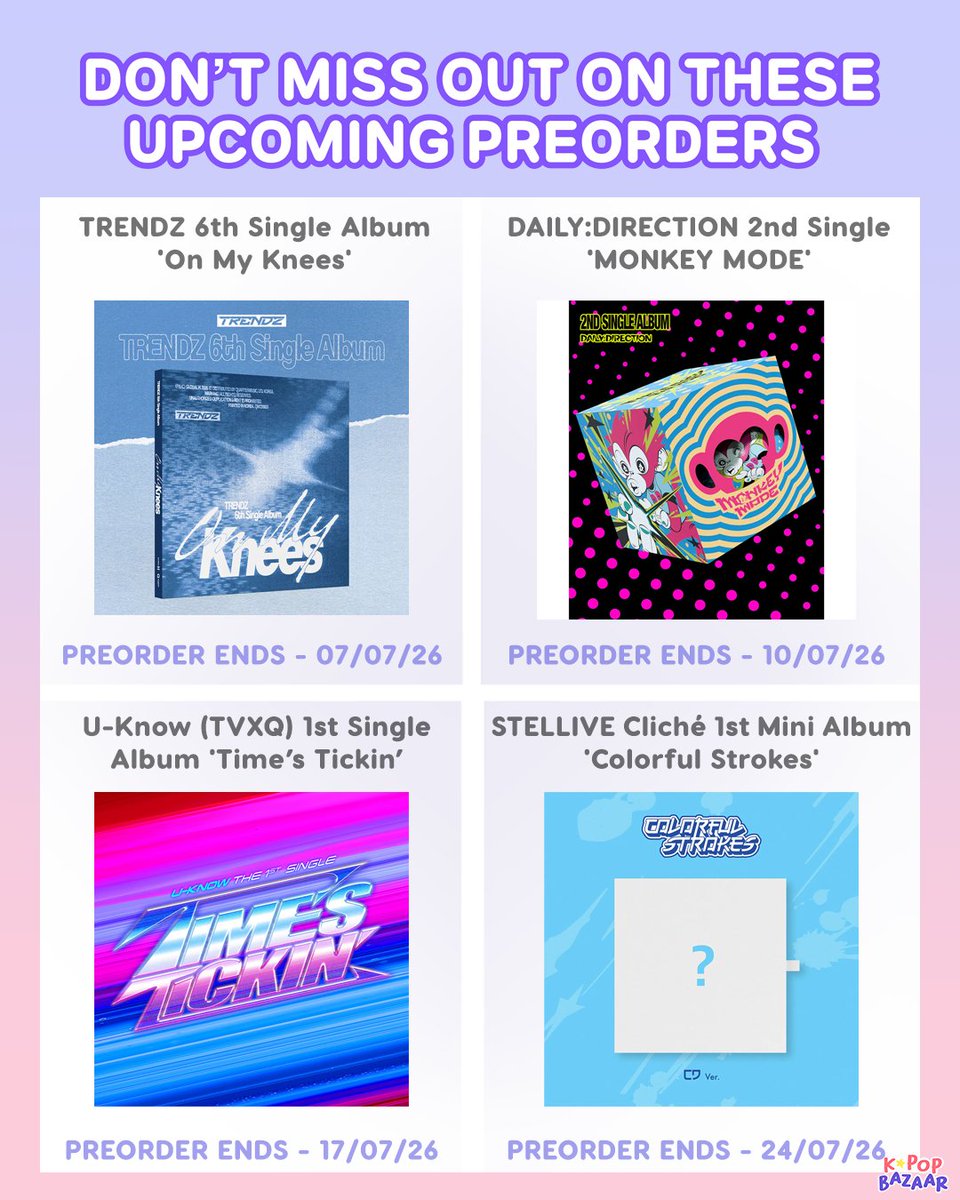 kpopbazaar's tweet photo. ✨Don't miss out on these upcoming preorders!✨
You can preorder on our website at https://t.co/QH4vYARXsy
#kpop #kpopaustralia #kpopgoods #kpopsale #kpoporder #kpopsalesaustralia #kpopseller #trendz #dailydirection #uknow #tvxq #stellivecliche https://t.co/XPPC0oVfsI