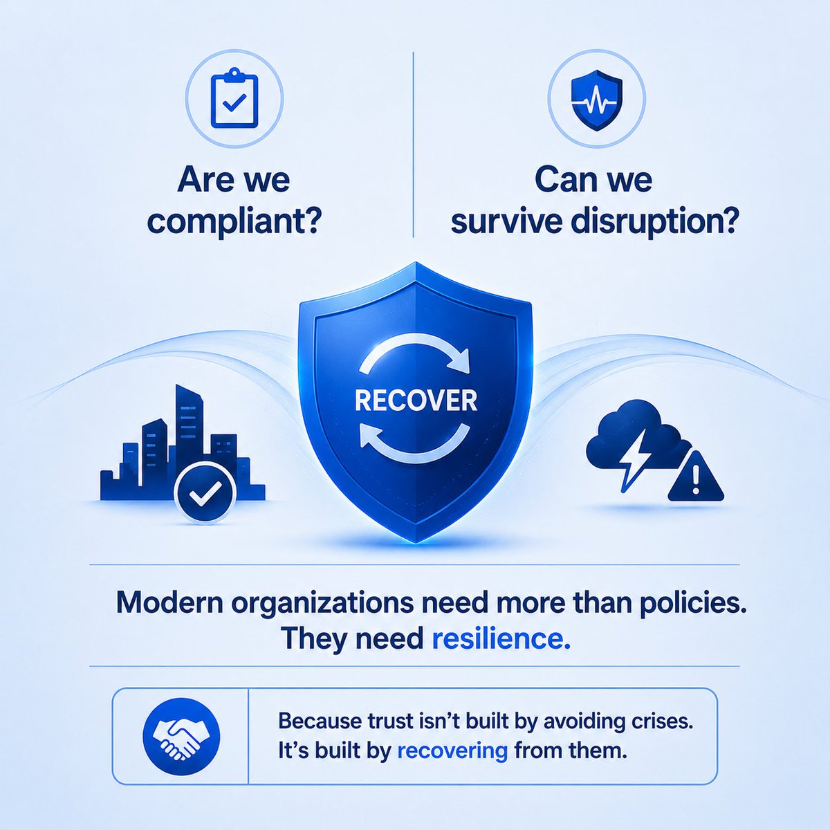 SigmifyGRC's tweet photo. Operational Resilience Is Becoming More Important Than Compliance Alone

Compliance asks:

"Are we following the rules?"

Operational resilience asks:

"Can we survive disruption?"

And increasingly, regulators expect organizations to answer both questions.

Financial regulators, cybersecurity agencies, and privacy authorities worldwide are moving beyond static controls and focusing on resilience.

Can critical services continue during a cyberattack?

Can third-party failures be contained?

Can organizations recover quickly?

Can leadership make decisions under pressure?

Modern enterprises operate in interconnected ecosystems where disruptions spread rapidly.

That's why operational resilience is becoming a strategic capability rather than a compliance checkbox.

Organizations that combine cybersecurity, risk management, vendor oversight, and business continuity into one framework will recover faster and earn greater stakeholder trust.

Because resilience isn't about avoiding disruption.

It's about proving you can adapt when disruption inevitably arrives.

#OperationalResilience #CyberResilience #RiskManagement #Governance #CISO #TechGRC