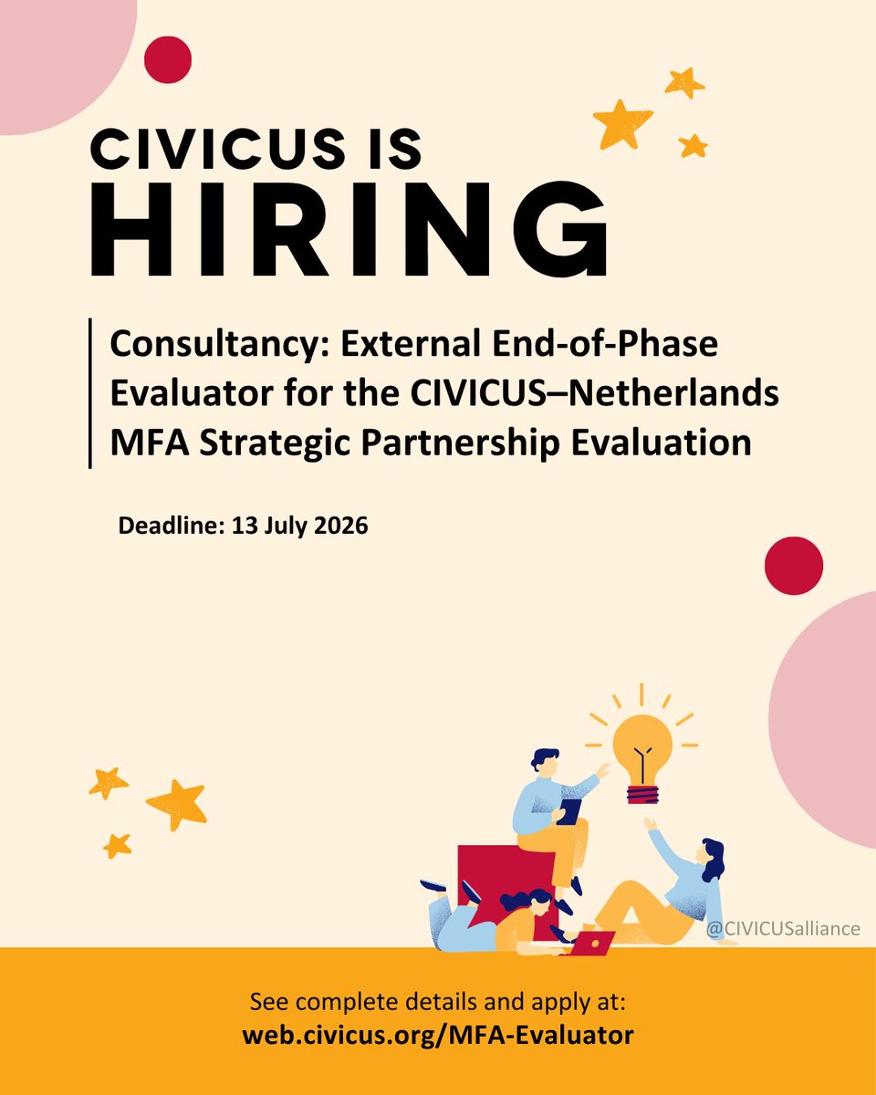CIVICUSalliance's tweet photo. We Are Hiring!
1. Civic Space Research Intern
https://t.co/n4ezLsr5MQ

2. ToR: Data coding consultants
https://t.co/amD9wM1Ivv

3. Civic Space Research Consultant
https://t.co/iKcCZyei8D

Deadline: 8 July 2026 

4. MFA Consultant
https://t.co/HaeowfXlfo https://t.co/tpIznhhi5s