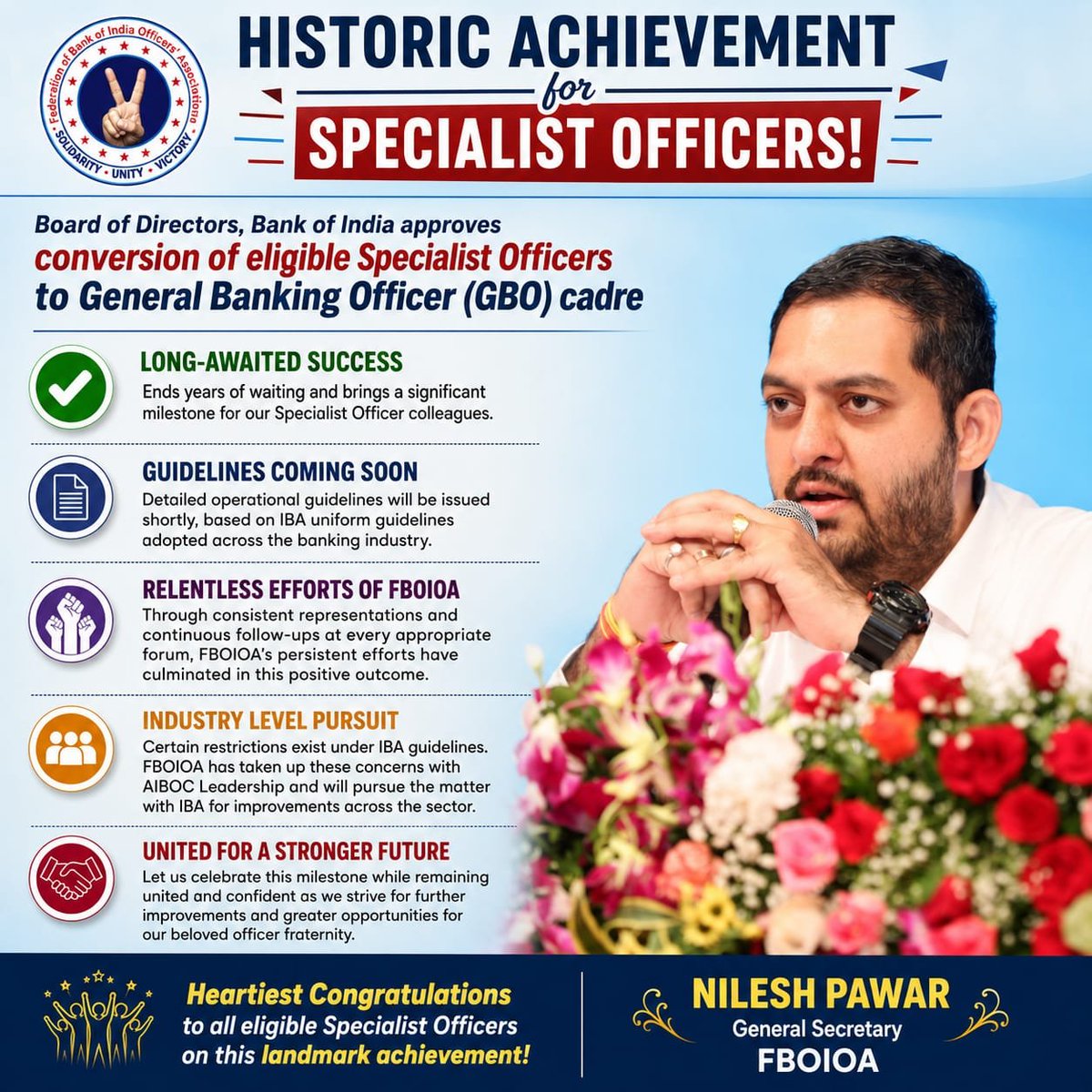 BOIOAMNG's tweet photo. We are delighted to inform you that the Board of Directors of Bank of India has approved the *long-awaited conversion of eligible Specialist Officers to the General Banking Officer (GBO) cadre*, bringing to an end the prolonged wait of several years and marking a significant milestone for our Specialist Officer colleagues.

The detailed operational guidelines are expected to be issued shortly. The approved framework is based on the uniform guidelines prescribed by IBA and adopted across the banking industry.

FBOIOA has consistently and relentlessly pursued this issue through sustained representations and continuous follow-up at every appropriate forum. We are pleased that these persistent efforts have culminated in this positive outcome.

At the same time, we would like to inform our members that certain restrictions form part of the existing IBA guidelines, which are common across the banking industry. FBOIOA has already taken up these concerns with the AIBOC Leadership, and the matter will have to be pursued at the industry level through IBA so that appropriate improvements can be secured in the larger interest of Specialist Officers across the banking sector.

We extend our heartfelt congratulations to all eligible Specialist Officers on this landmark achievement. Let us celebrate this important milestone while remaining united and confident as we continue our collective efforts to secure further improvements and greater opportunities for our beloved officer fraternity.

With warm regards,
Nilesh Pawar
General Secretary
FBOIOA