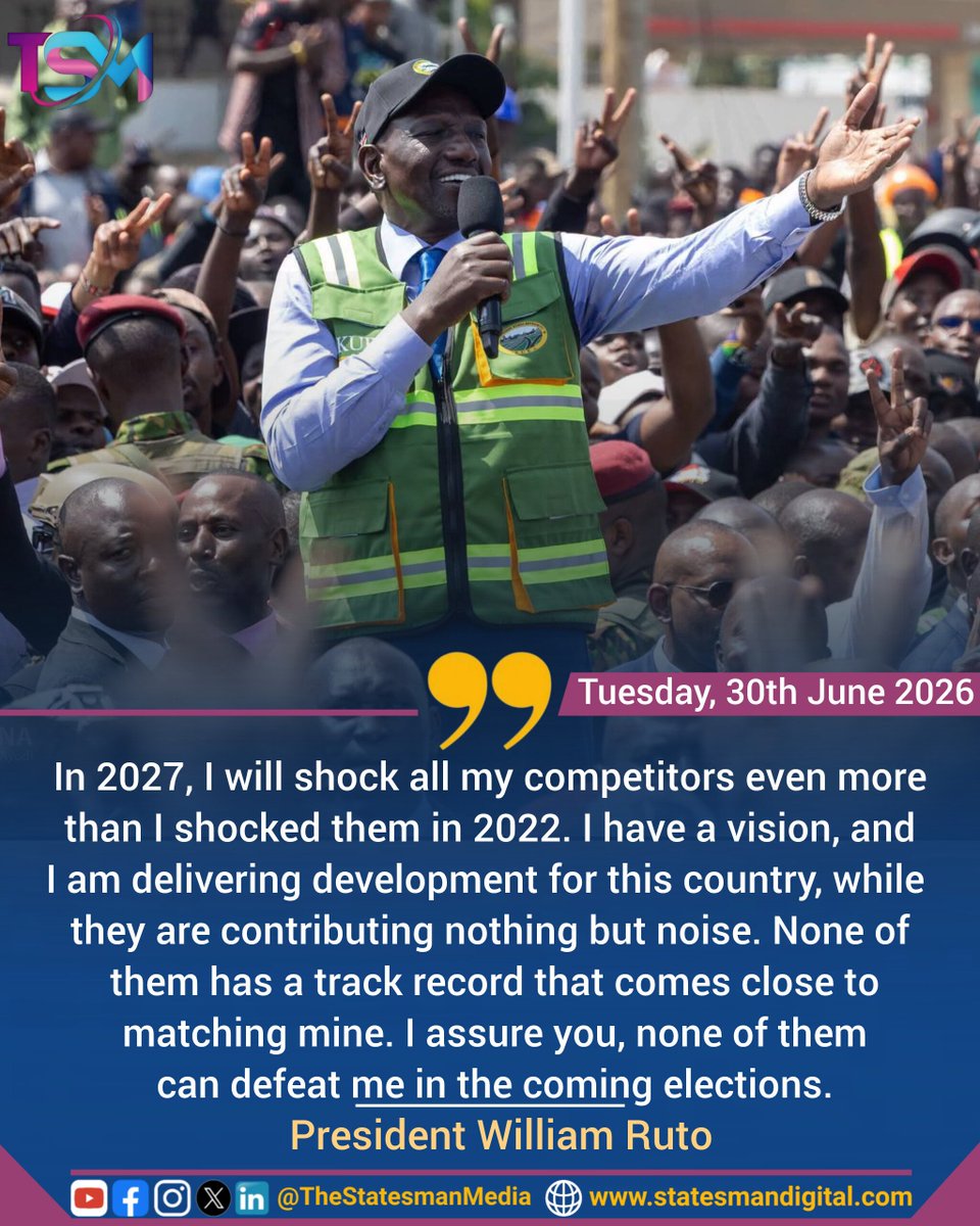VarsityEdu's tweet photo. President William Ruto brags as he scares opposition leaders: "In 2027, I will shock all my competitors even more than I shocked them in 2022.
 I have a vision, and I am delivering development for this country, while they are contributing nothing but noise." https://t.co/t36kZGE41C