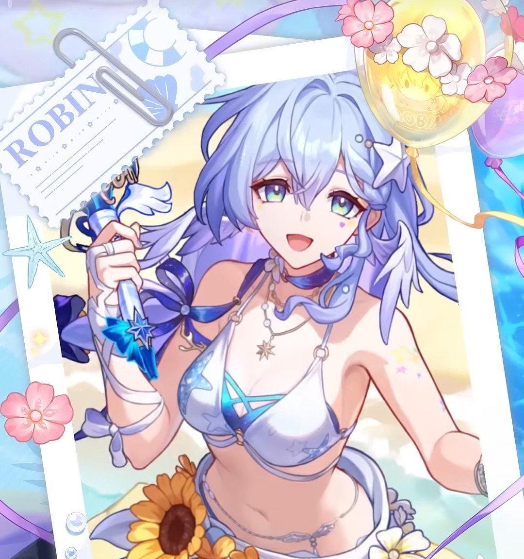 haloaeven's tweet photo. all that doomposting about robin being goonerbait &amp; pandering to incels bc she's gonna wear a swimsuit in an ipc resort just for her to be the the most adorable, whimsical, and prettiest character... she's called robin summeretto &amp; she has THREE chonky birds singing w her 😭😭😭 https://t.co/UurnCkmz1e