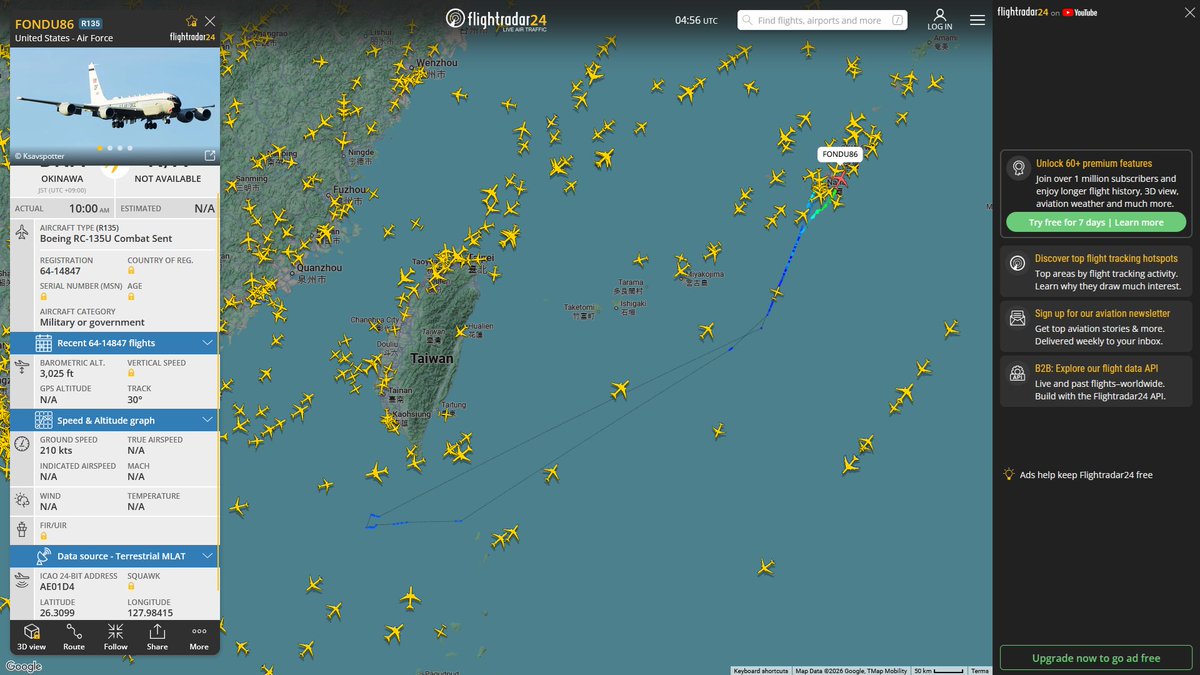 AIYeyENGDdJkjTr's tweet photo. June 30, 2026
#Okinawa Kadena Air Base ==> #South China Sea
#FONDU86 #AE01D4 RC-135U Combat Sent https://t.co/7jZ5OScKu8