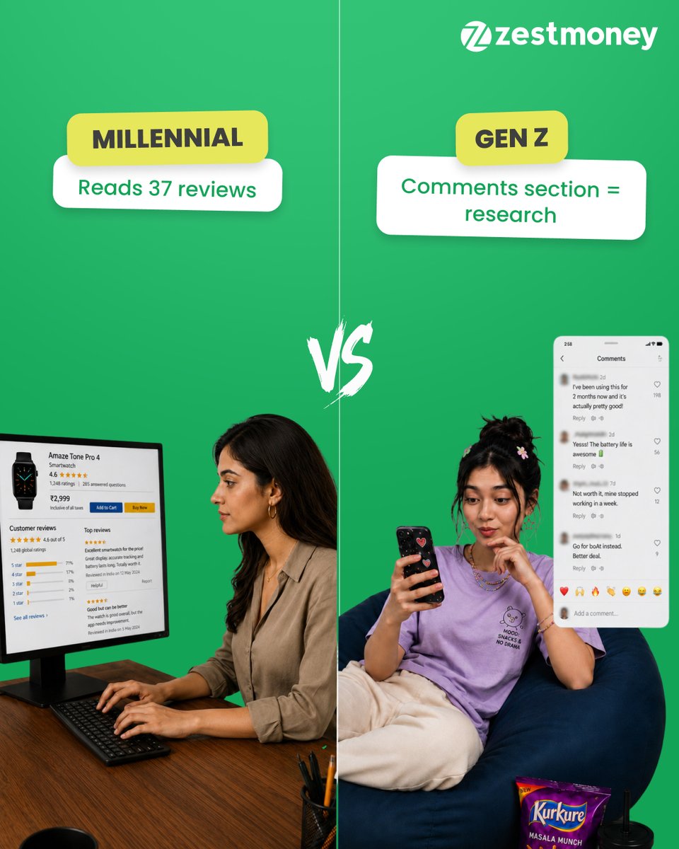 ZestMoney's tweet photo. Back then: friend requests 🤝
Now: product recommendations 😎🛒

Social media went from sharing memories
to influencing wishlists daily ✨

And honestly… we’re here for it😉

Happy World Social Media Day!💚

#WorldSocialMediaDay #ZestMoney #GenZvsMillennials https://t.co/7ush5Zn2cM