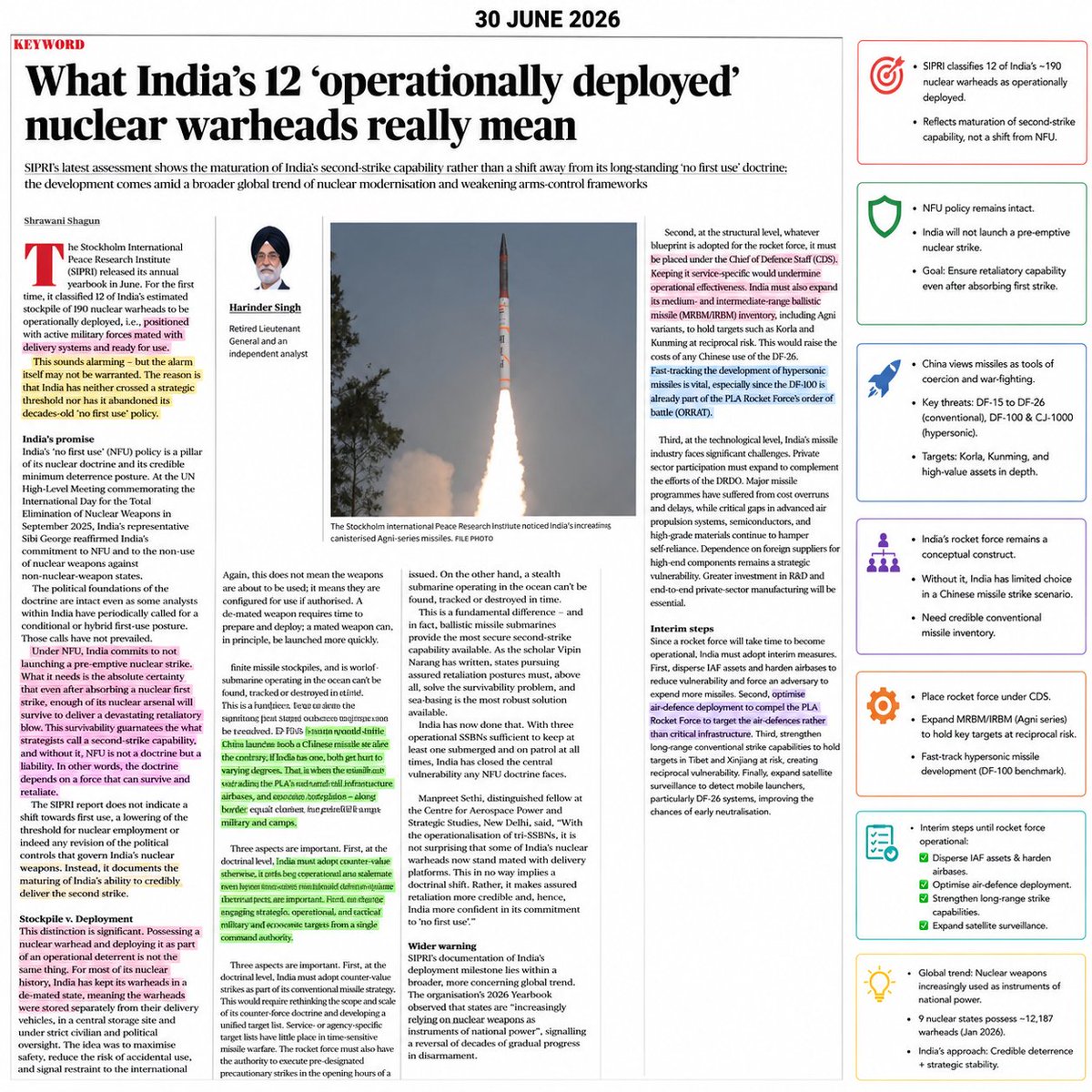 SrijanIndiaOne's tweet photo. 30th June 2026                
PDF https://t.co/QunEWWri91        

Important topics from today's newspaper.   
                       
1. Preparing India for China’s missile challenge
2. Reforms 3.0 — towards the Bharat rate of growth
3. What India’s 12 ‘operationally deployed’ nuclear warheads really mean 
4. Know your English   

#upsc #newspaper #civilservices #Prelims #Ganga #english #grammar #vocabulary #Prelims2026 #Missiles #MTCR #Reforms #Nuclear #China #india