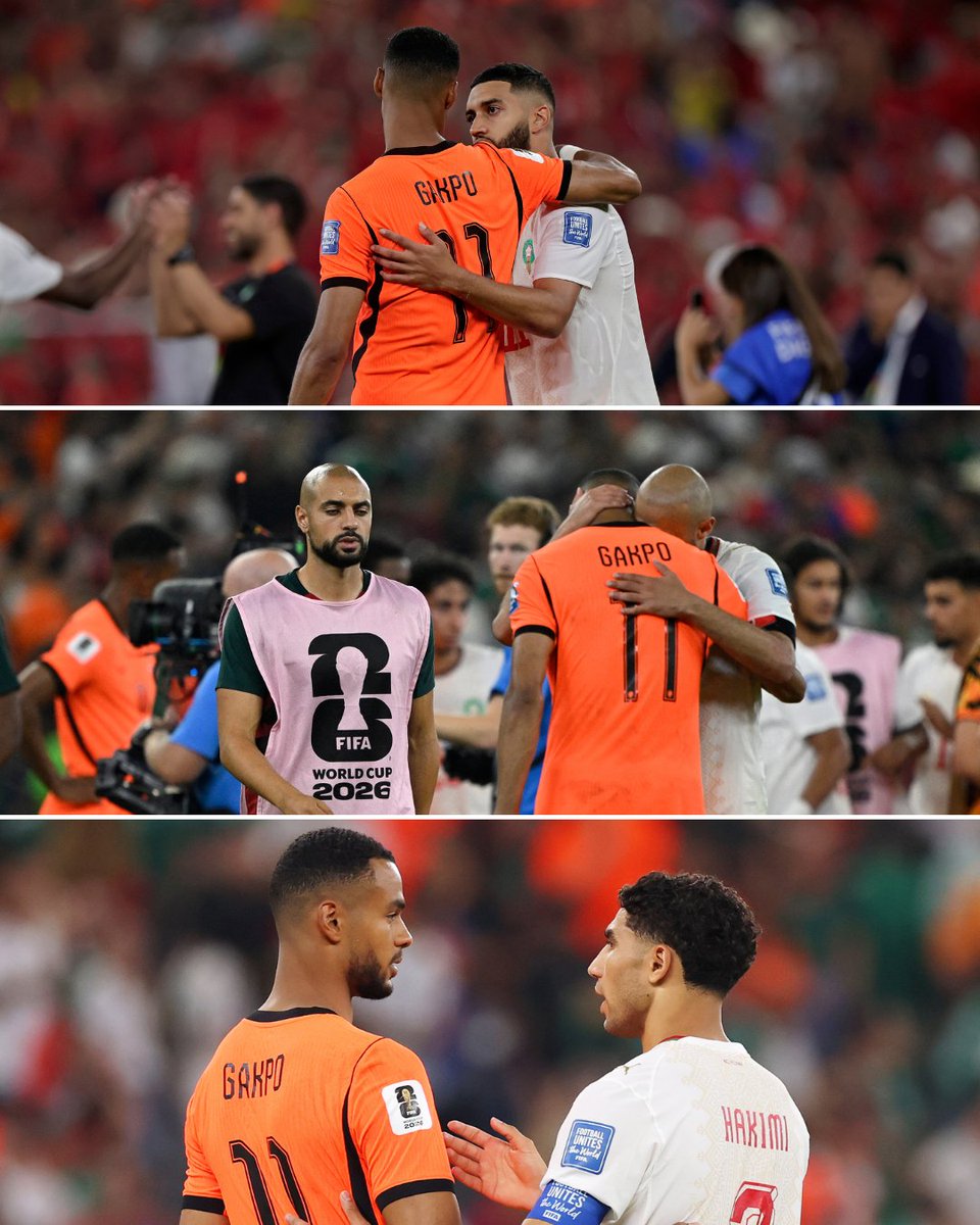 ESPNAsia's tweet photo. 📸 Morocco's Ismael Saibari, Noussair Mazraoui and Achraf Hakimi with Cody Gakpo after Netherlands' defeat in the Round of 32 https://t.co/p4AjREc0FM