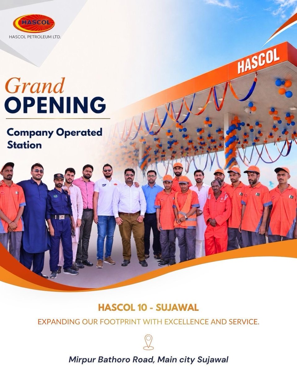 HascolLimited's tweet photo. Grand Opening Alert – HASCOL 10 Sujawal! 🎉

We are delighted to announce the inauguration of HASCOL 10 – Sujawal, our newest Company Operated Station, strategically located at 📍Mirpur Bathoro Road, Main City, Sujawal.
#HASCOL #Sujawal #CompanyOperatedStation #HASMART https://t.co/6Lwuv6U1Q5