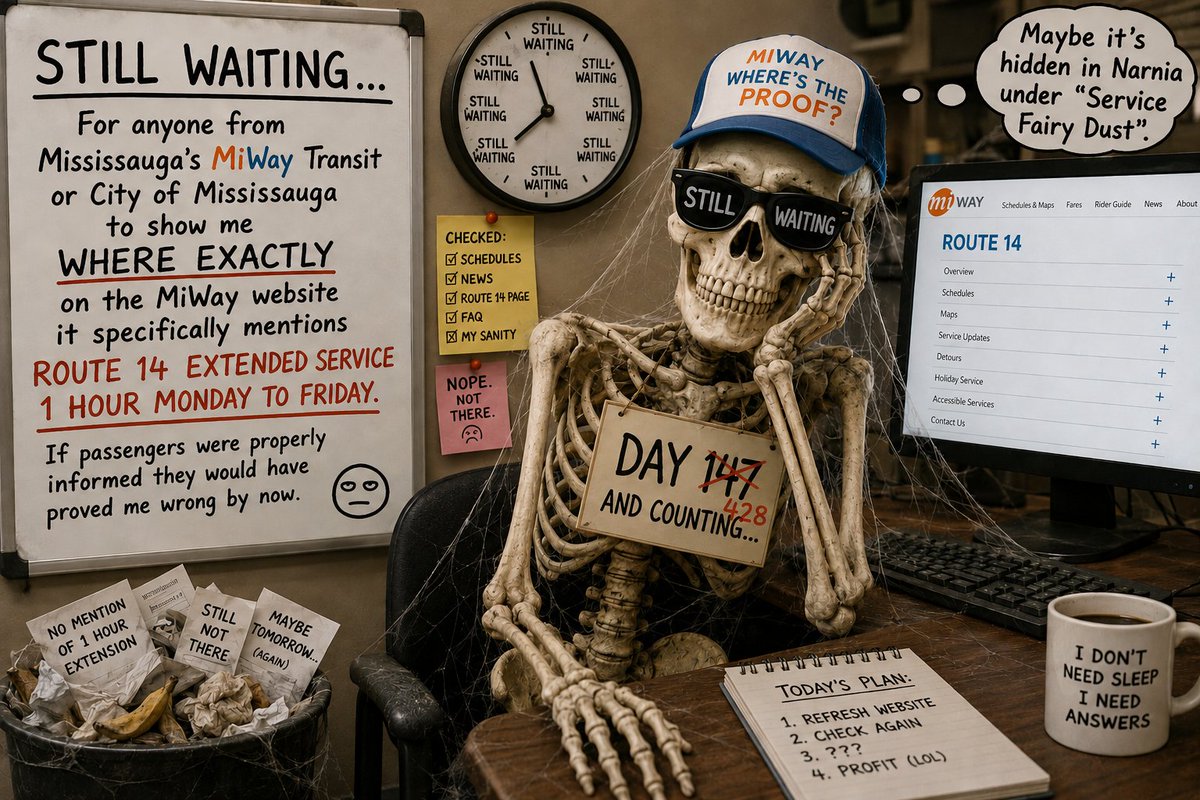 jbg44's tweet photo. Still waiting for anyone at Mississauga's MiWay Transit/ @miwayhelps or @citymississauga to show where on MiWay site people clearly told that on April 28, 2025 Route 14 extended service 1-hour Mon.-Fri.
They can't because it's still not there ๐ฎWOW!
#MiWayFail
#TaxpayerFunded https://t.co/GwoPh2EVGu
