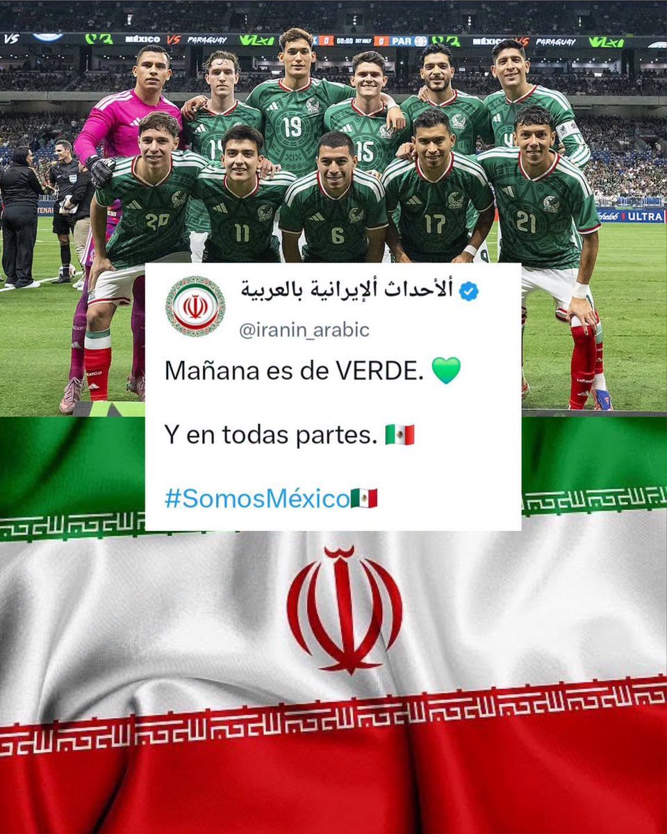 El_Hincha12's tweet photo. IRÁN SE PINTA DE VERDE POR MÉXICO 🇮🇷🇲🇽

“IRÁN MAÑANA ES DE VERDE” 💬

La selección de Irán volvió a enviar un mensaje de respaldo a México a través de sus redes sociales, mostrando su apoyo al Tri para el duelo de este martes frente a Ecuador en los dieciseisavos de final del Mundial.

La muestra de cariño no es casual. Durante su estancia en Tijuana, la delegación iraní recibió una cálida bienvenida por parte de los mexicanos, un gesto que no han olvidado y que hoy devuelven deseándole el mayor de los éxitos a la Selección Mexicana.