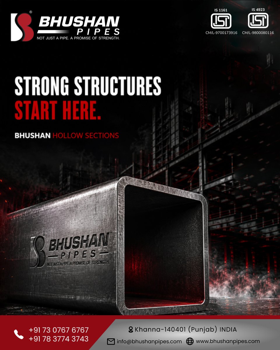bhushanpipe's tweet photo. 🏗️ Strong Structures Start Here.
Built for strength, precision, and durability, Bhushan Hollow Sections are the trusted choice for modern construction and infrastructure.
Bhushan Pipes – A Promise of Strength.
#BhushanPipes #HollowSections #StructuralSteel #Construction https://t.co/7sllSABLwJ