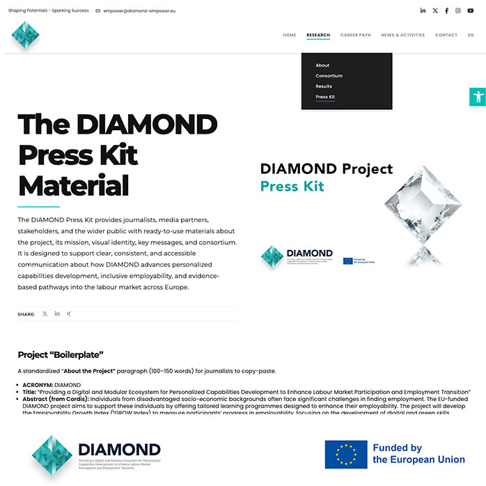 Diamond_Empower's tweet photo. The updated @Diamond_Empower website now includes:
🔬 RESEARCH
💼 CAREER PATH
making it easier for researchers, innovators, and future beneficiaries to find the information most relevant to them.
⇒ https://t.co/pNYUDwyImT
#DIAMONDProject #REA #HorizonEU #EUFunded #SDG8 https://t.co/c8B7wwX288