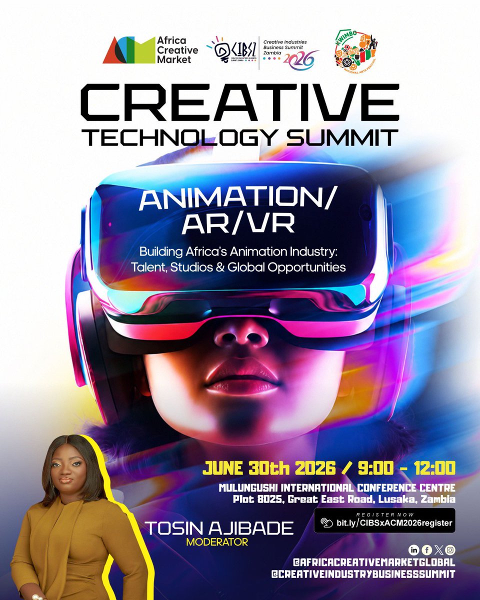 OloriSupergal's tweet photo. Africa Creative Market, Lusaka 

Join @TheTosinAjibade and Malik Afegbua of Slickcity Studios as the conversation will explore “Building Africa’s Animation Industry: Talent, Studios & Global Opportunities,” bringing together brilliant minds driving innovation across animation, AR, and VR.

From Lagos to Lusaka, I’m proud to be contributing to conversations that will shape the next chapter of Africa’s creative economy.

📍 Mulungushi International Conference Centre, Lusaka
🗓 June 30, 2026
🕘 9:00 AM – 12:00 PM

#ACMxCIBSZxKWIMBO2026 #AfricaCreativeMarket #CreativeTechnology #Animation #AR #VR #CreativeEconomy #Lusaka #Zambia #Africa #Moderator #WomenInMedia
