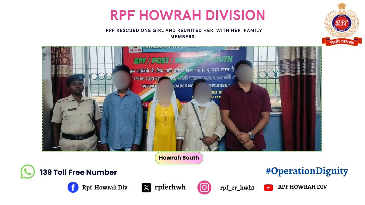 rpferhwh's tweet photo. #OperationDignity RPF rescued one girl and reunited with her family members.
@rpfhowrahsouth
@ErRpf
@RPF_INDIA
@drmhowrah https://t.co/5z6cSDdPEa