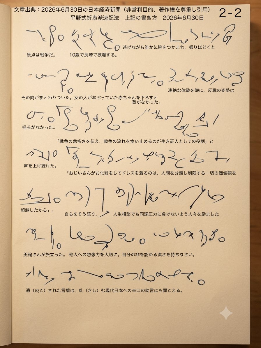 deme76's tweet photo. 平野式折衷派速記法　魂の軌跡と遺言　2026年6月30日

美輪明宏さんの過酷な被爆体験や炭鉱での出会いを礎とした、既成概念に縛られず他者への想像力を重んじる生き方とメッセージは、現代社会への切実な助言にも聞こえる。

文章出典：2026年6月30日の日本経済新聞（非営利目的、著作権を尊重し引用） https://t.co/TJIihoVNsV