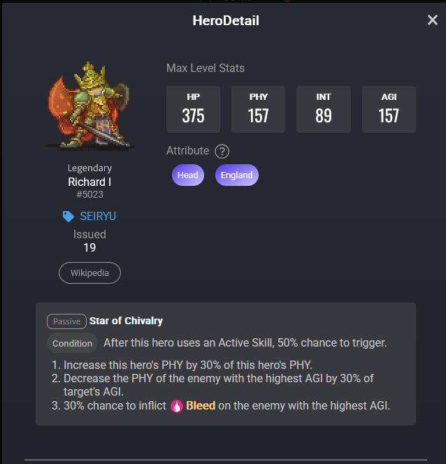 MCHVerse's tweet photo. Lets talk about MCH Heroes!🔥

Richard I - L Class🔴
Richard the Leonheart was King of England from 1189 until his death in 1199.
In the game, he is a pure strength while debuff and bleed the highest AGI of the enemy.
Increase his PHY to make him hit harder!

#MCHVerse #MCH https://t.co/R2jOzNnUxu