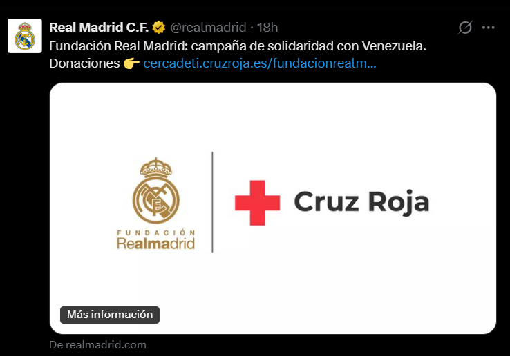 SerYebra's tweet photo. Me imagino que mientras el Real Madrid pone 1 millón para ayuda, y Florentino otro millón más, Laporta estará buscando la manera de vincular al Barça con Venezuela para cobrar un millón y poder seguir delinqu...digo dirigiendo al Barça. https://t.co/MnAeZmAnQZ