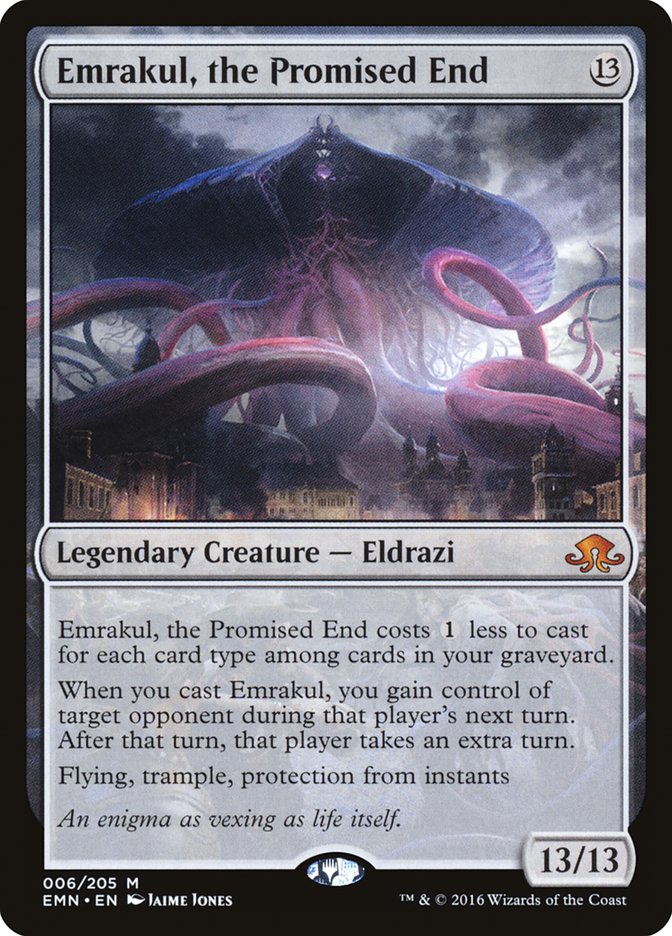 PoopyPantzLantz's tweet photo. @mtgbanding Every english speaker is saying it's Emrakul, the Promise End but a different translation shows Emrakul, the Aeons Torn and will all the 15's printed on the cards I'd wager it's the Aeons Torn https://t.co/OcHejuKNdO