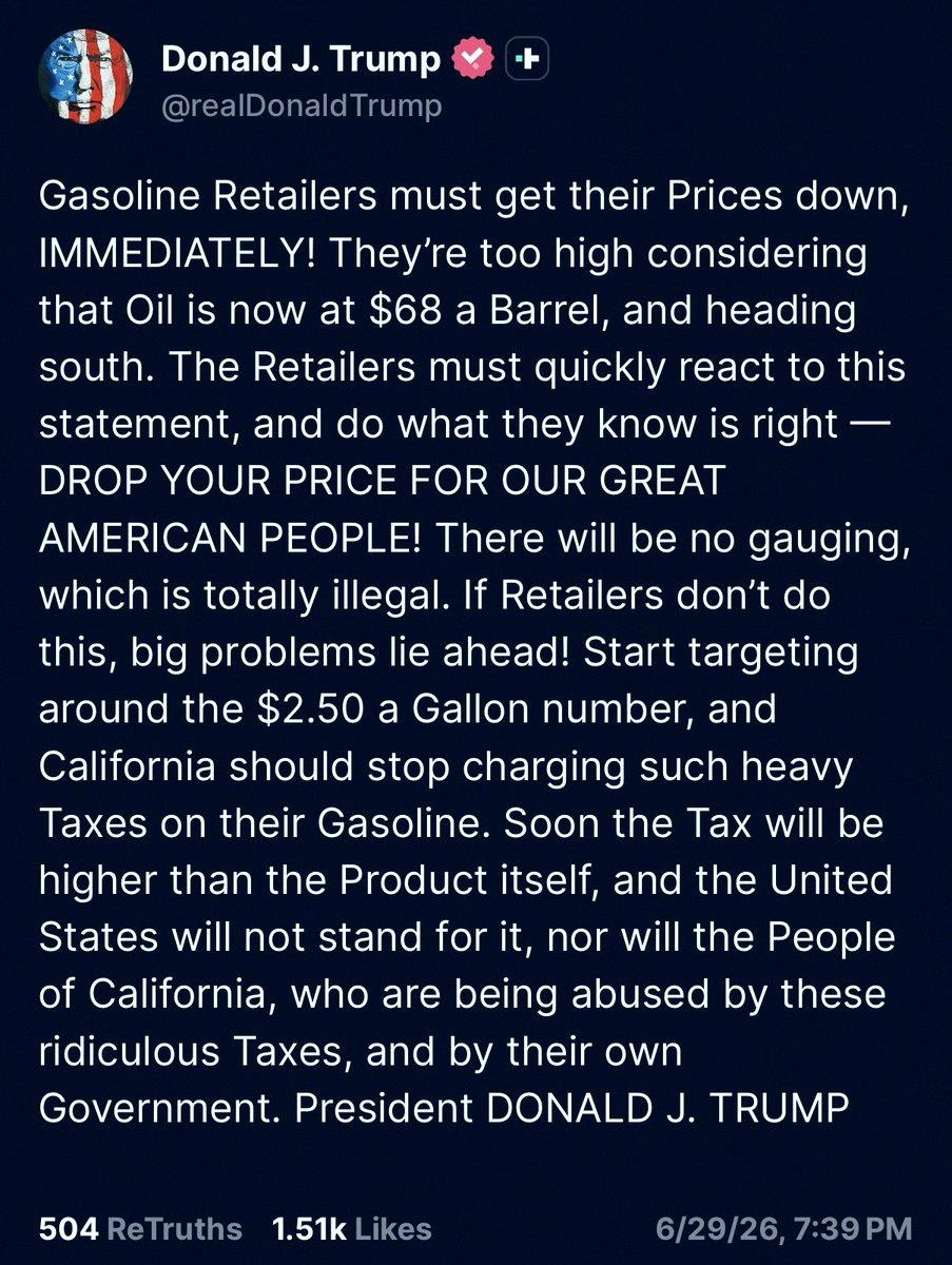 GGrisso3's tweet photo. Trump just warned gas stations to drop their prices now or face "big problems." 🚨⛽ https://t.co/p5Q9YGe5jV