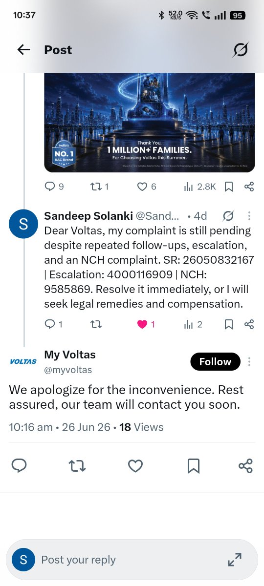 SandeepSol24073's tweet photo. @myvoltas Dear Voltas, every follow-up gets the same reply: "We  escalated your complaint. Yet my water cooler complaint is still unresolved. SR: 26050832167 | NCH: 9585869. Resolve it immediately, or I will approach the District Consumer Disputes Redressal Commission. https://t.co/pyhyBH9ni5