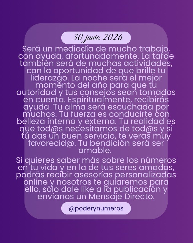 poderynumeros's tweet photo. 30 de junio de 2026. Esquema numérico profundo de hoy. Guía para fluir con el universo. #fypシ゚ #conexión #alma #universo #reflexión #motivación #espiritualidad  #pitagoras #hoy #empoderamiento #energia #serfeliz #autoconocimiento #views #viral #consultasonline #30junio2026 https://t.co/3qAPAQZYre