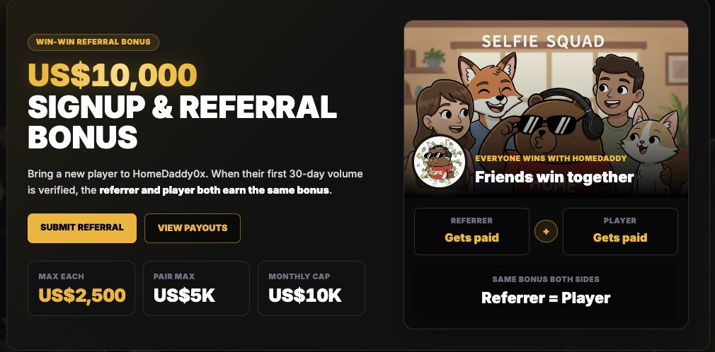 homedaddy0x's tweet photo. Have a friend? Friends Win Together. 🤝

Bring a new player to HomeDaddy0x. 

When their first 30-day volume is verified, the referrer and player both earn the same bonus.

Tag a friend and RT this post. Picking a winner in 24 hours. ⏳👇

https://t.co/2E38mIF6rJ https://t.co/XKtGwyCK4d