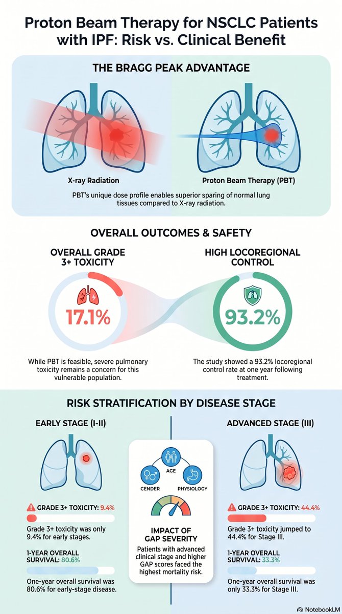 SMC_RadOnc's tweet photo. NSCLC + idiopathic pulmonary fibrosis = one of the highest-risk combos in thoracic RT.
Our prospective study (n=41) shows proton therapy can still deliver: G3+ toxicity 9.4% in early-stage disease, 1-yr LRC 93.2%.
https://t.co/2l95DpyI4q.
#LungCancer #RadOnc #SMC_RadOnc https://t.co/VL5toDw4lg