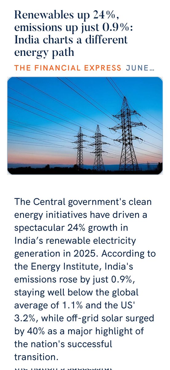 Rbihari3's tweet photo. Renewables up 24%, emissions up just 0.9%: India charts a different energy path
https://t.co/nHrxK3mrcp via NaMo App https://t.co/k6VYEYRYEV