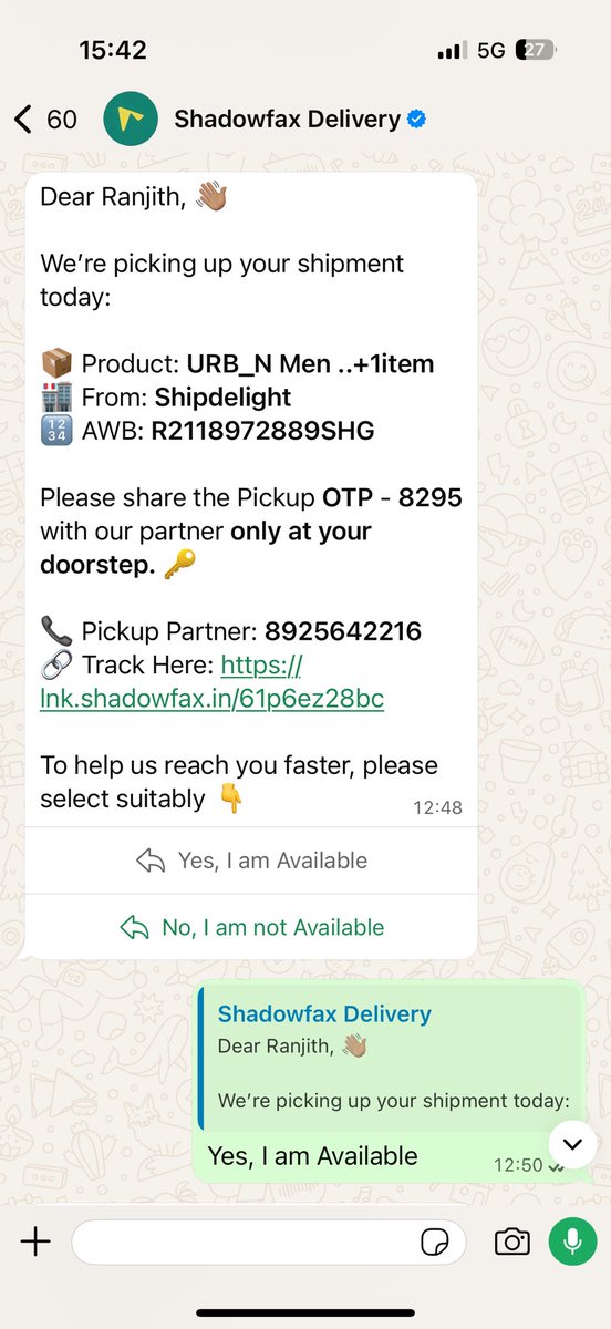 iamr6k's tweet photo. @maxfashionindia Worst pickup experience with @shadowfax_in courier (AWB: R2118972889SHG). Got the confirmation text, replied 'Available', but the courier person just said he left for the day and didn't show up. Nonsense service! Please look into this. Still my product not picked https://t.co/oToAuwtTW5
