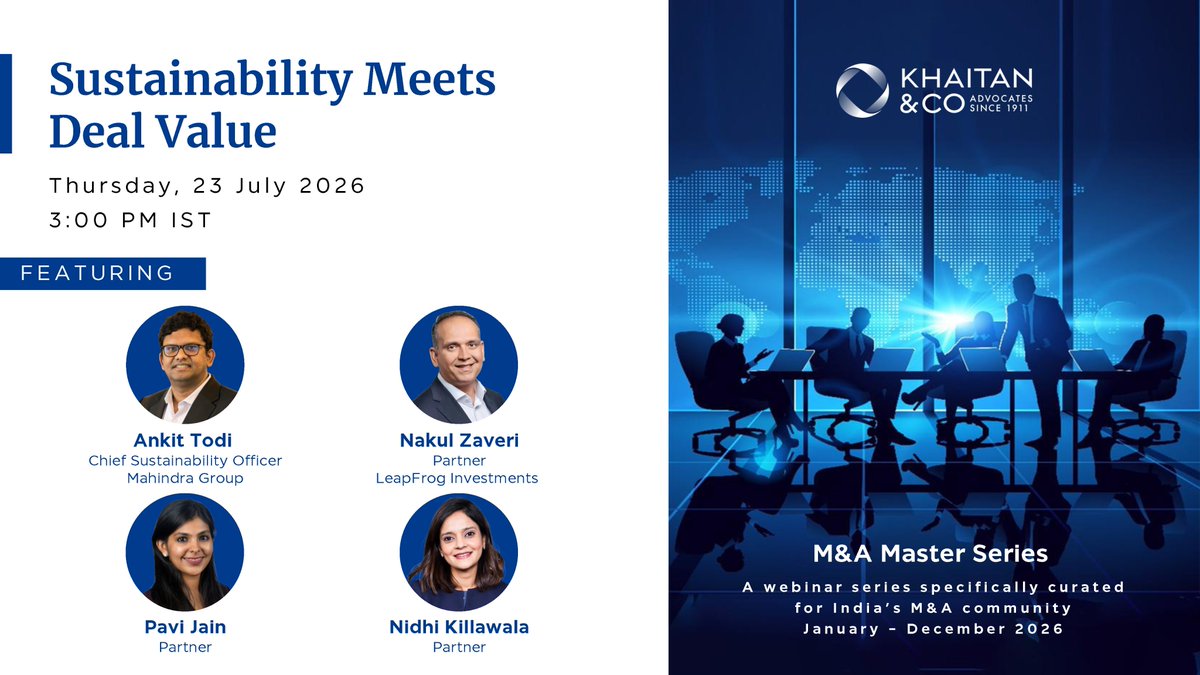 KhaitanCo's tweet photo. Join us for our upcoming panel discussion “Sustainability Meets Deal Value” as we discuss Integrating ESG &amp; BRSR into diligence, valuation, risk assessment &amp; mitigation strategies Register: https://t.co/wfbYH0uErc

View previous recordings: https://t.co/KHrLo1faCT https://t.co/jMx1AFL5tG