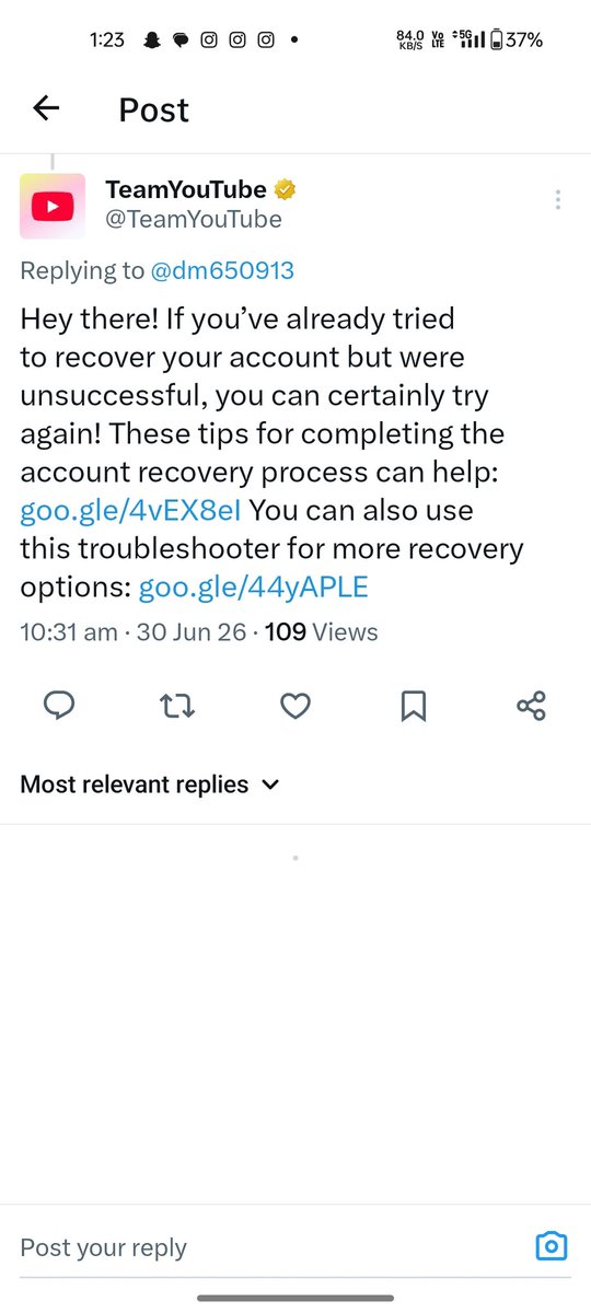 dm650913's tweet photo. @TeamYouTube I've already tried everything you suggested. My phone verification works, but the code is sent to the same Gmail account I'm logged out of, so I can't access it. I'm completely locked out. Please help. https://t.co/Xr10K0WEjw