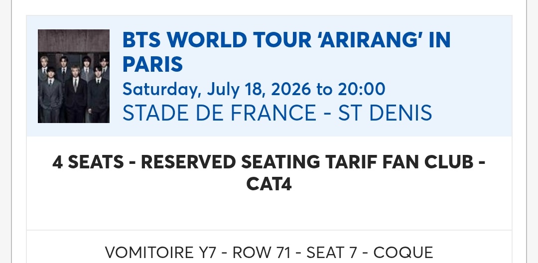 tinyjiminnie_'s tweet photo. Army!! Vendo dos entradas para BTS ARIRANG en París para el sábado 18/07. Las entradas son en Vomitoire, la sección Y7 y en la Z5 https://t.co/8HXPLP7lcb