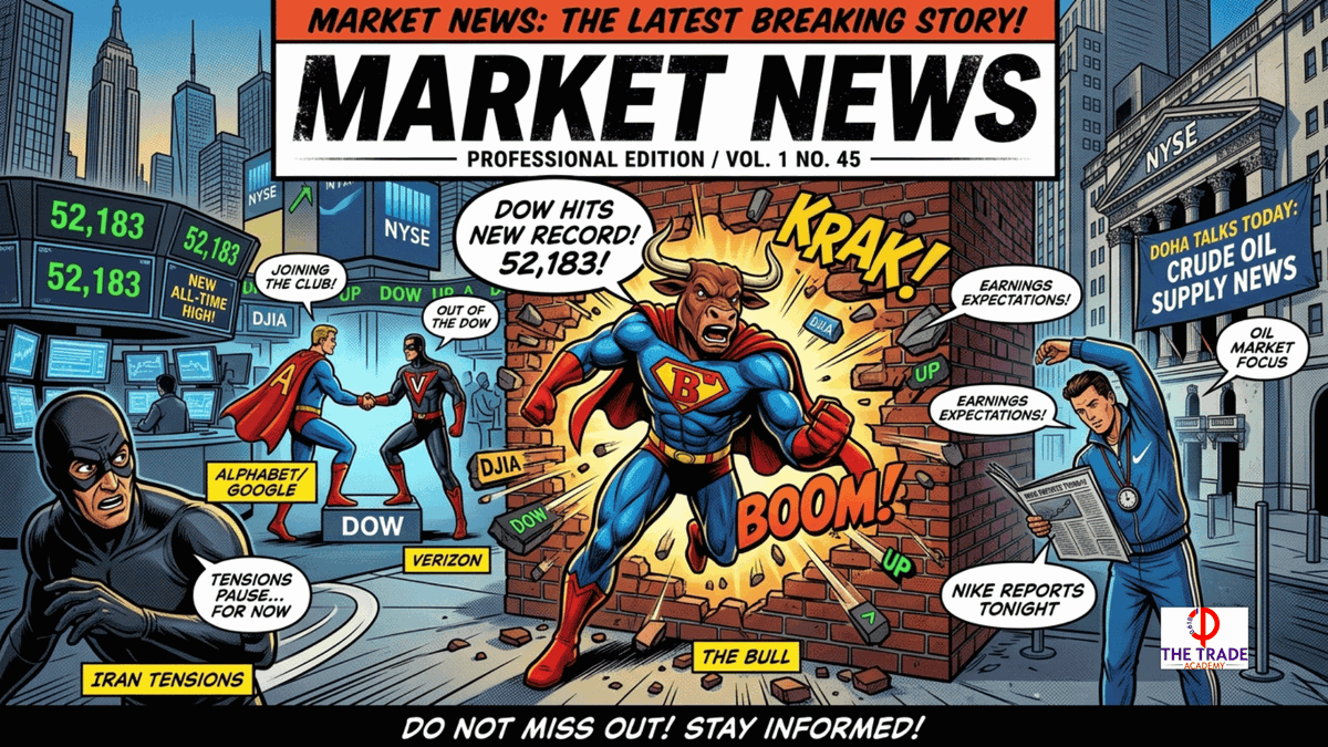 TheTrade_Academ's tweet photo. Dow #DJIA Hits Fresh Record 52,183 as #Iran Tensions Pause — #Alphabet Joins the Dow Replacing #Verizon — #Doha Talks Today, #Nike Reports Tonight https://t.co/7GYRYFIJ5T https://t.co/PnoqFvxx4L