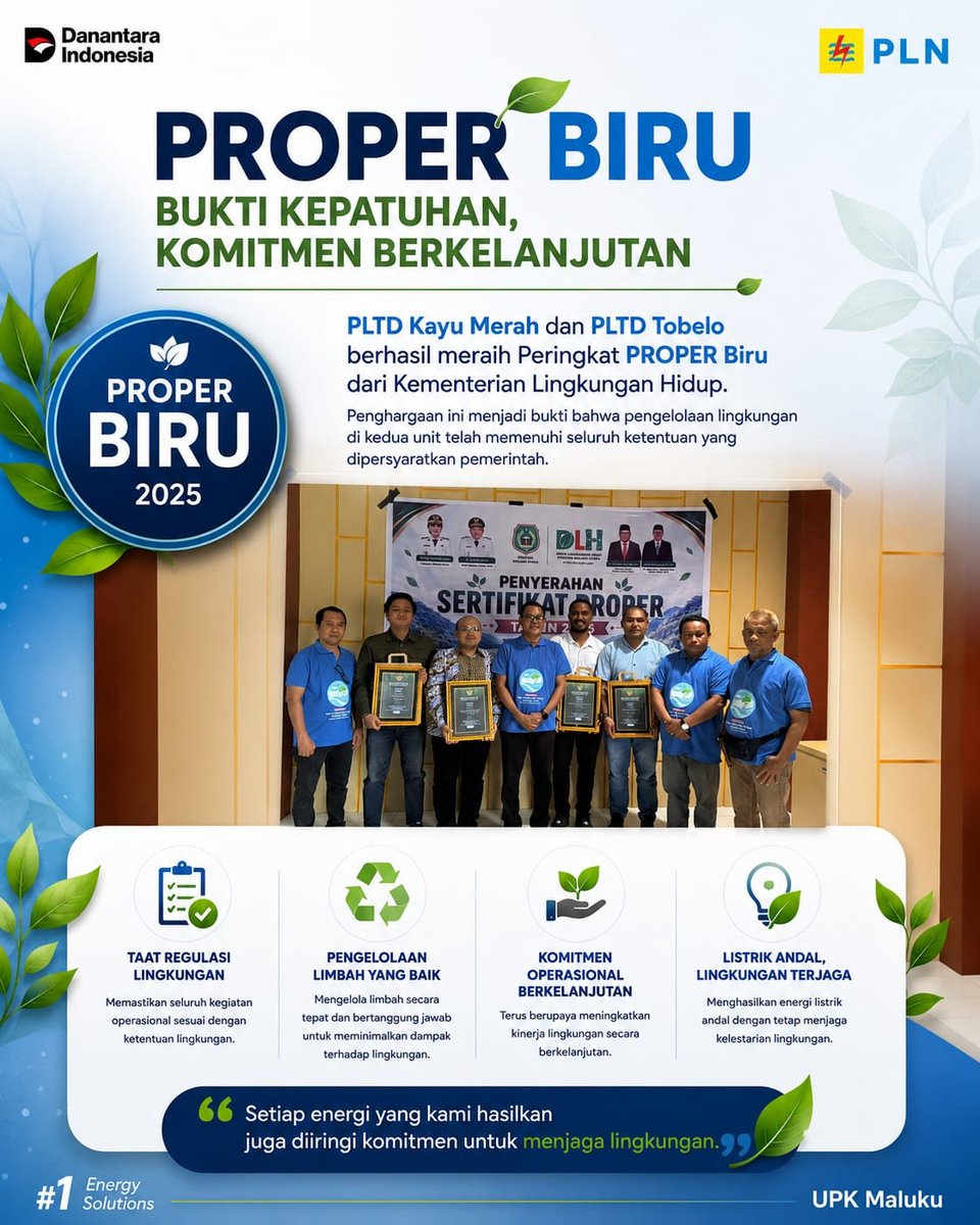 pln_upk's tweet photo. Basudara Electrizen, 💙🌿
Selamat kepada PLTD Kayu Merah dan PLTD Tobelo atas raihan PROPER Biru 2025. Penghargaan ini menjadi bukti komitmen PLN dalam menghadirkan listrik andal sekaligus menjaga kelestarian lingkungan.
#PROPER2025 #PLNUPKMaluku #1EnergySolutions https://t.co/JzgB0EbPvg
