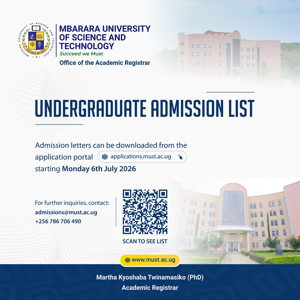 MbararaUST's tweet photo. Undergraduate Private Admission List for 2026/27 academic year.

To access the list, scan the QR code on the flyer https://t.co/YeI5Kvo81E